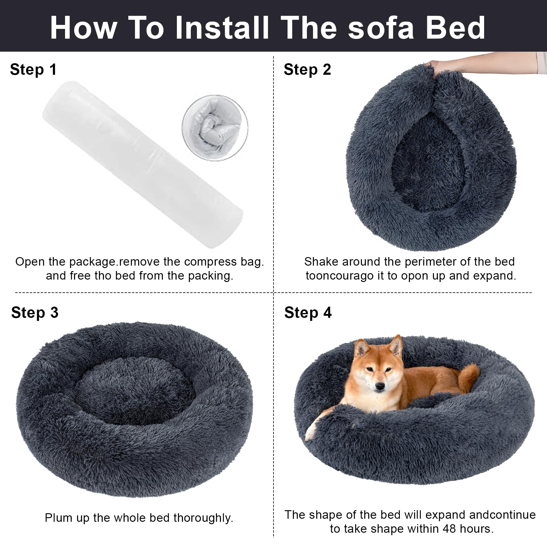 Kimpets Calming Donut Dog Beds For Small Medium Large Dogs - Round Washable Dog Bed, Anti-Slip Faux Fur Fluffy Donut Cuddler Anx