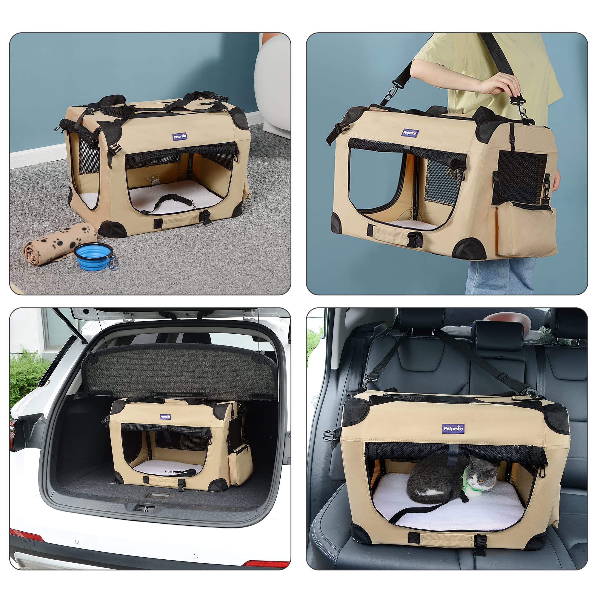 Petprsco Portable Collapsible Dog Crate, Travel Dog Crate 24X17X17 With Soft Warm Blanket And Foldable Bowl For Large Cats & Sma