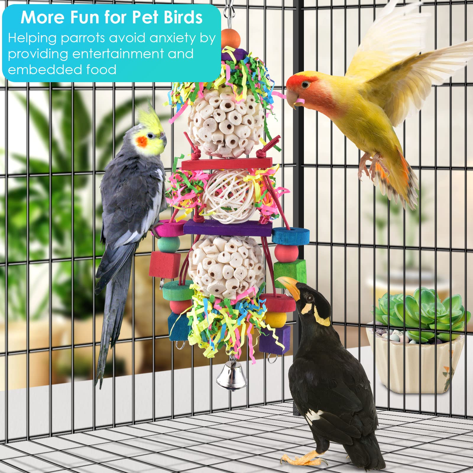 Bissap Conure Toys, Bird Parrot Foraging Shredder Hanging Toys Sola Balls Sepak Takraw with Bell for Small Parrots Parakeets Con