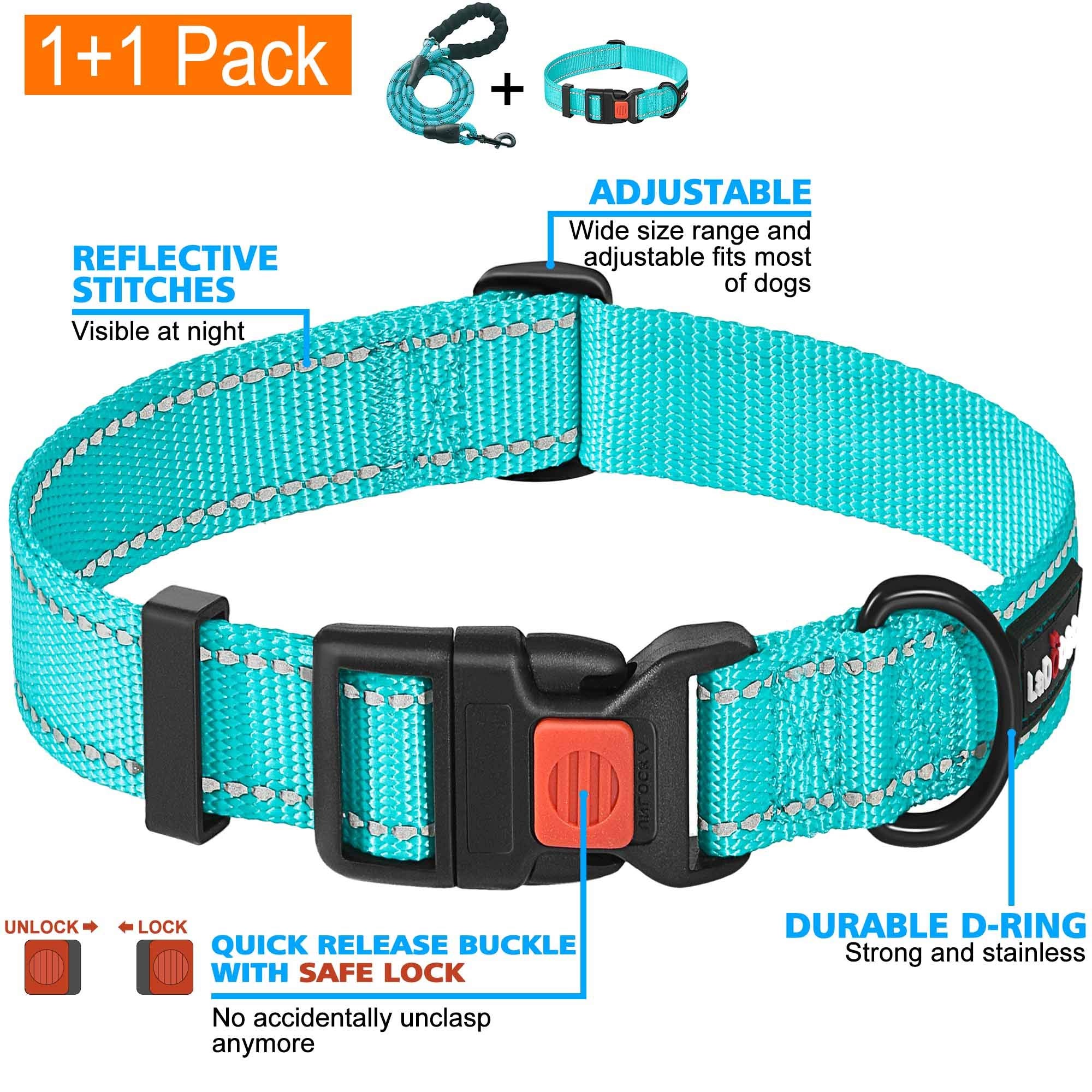 Ladoogo Heavy Duty Dog Leash - Comfortable Padded Handle, 5 Ft Long - Dog Leashes For Small Medium Large Dogs (Leash+Collar M Neck 16'-20', Blue)