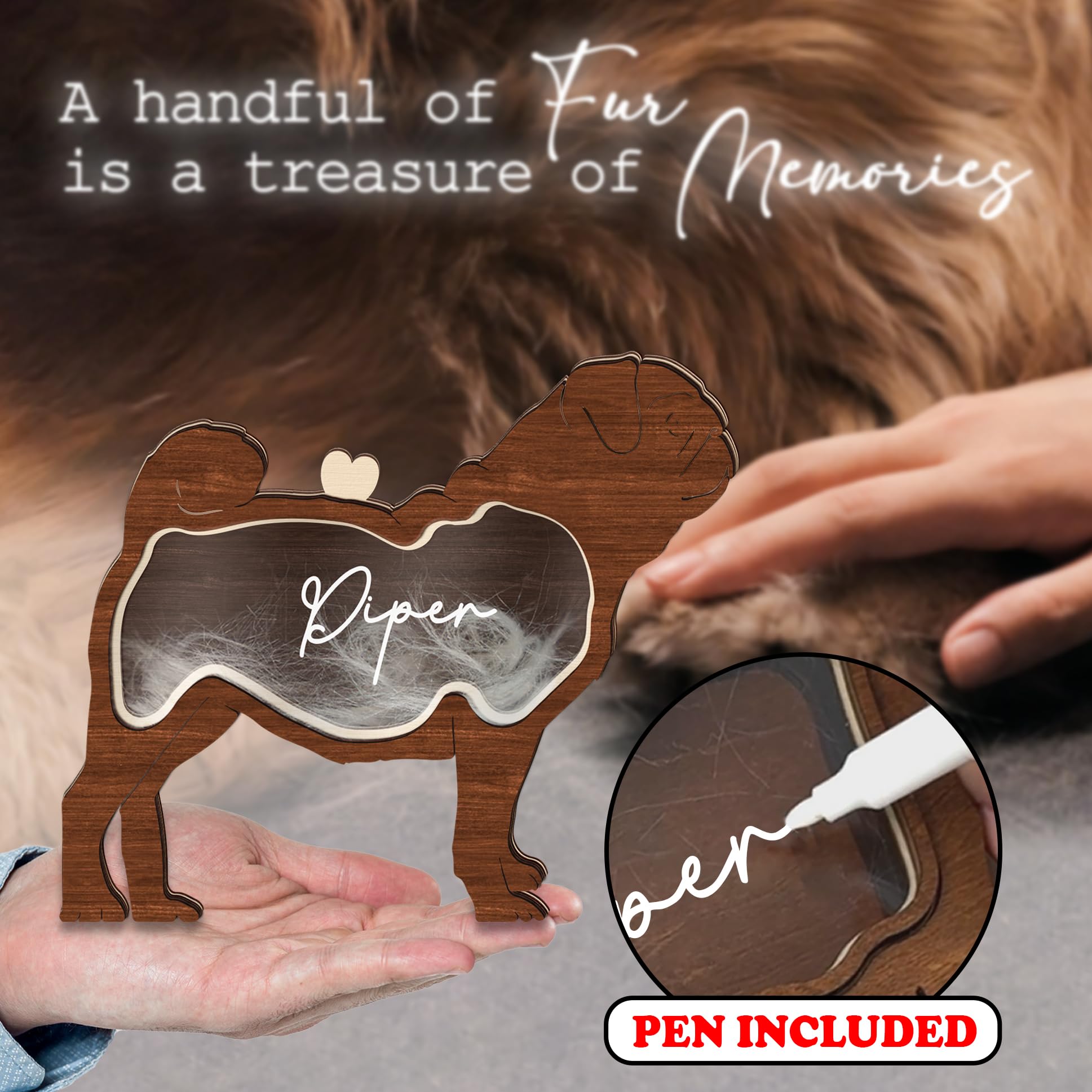 Pug Dog Hair Keepsake Box Wooden Pet Fur Gifts For Dog Cat Unique Dog Shape Standable Tabletop Decoration Pet Dog Memorial Idea