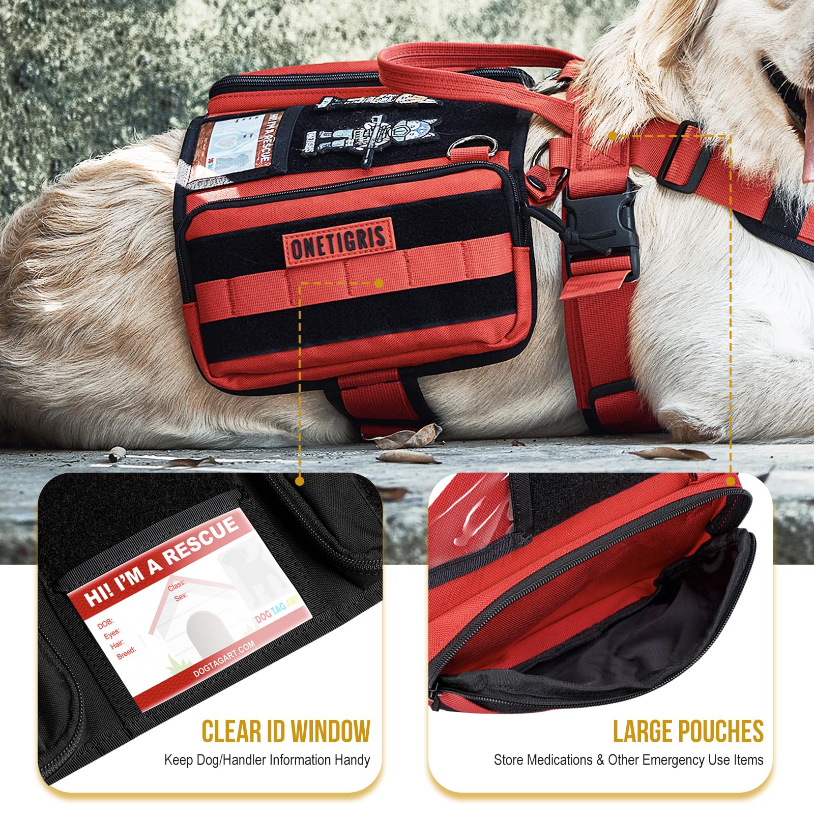 OneTigris Service Dog Vest Harness, Service Dog Cape Guardian Dog Backpack Harness with Pouches Dog Saddle Bag for Small Medium