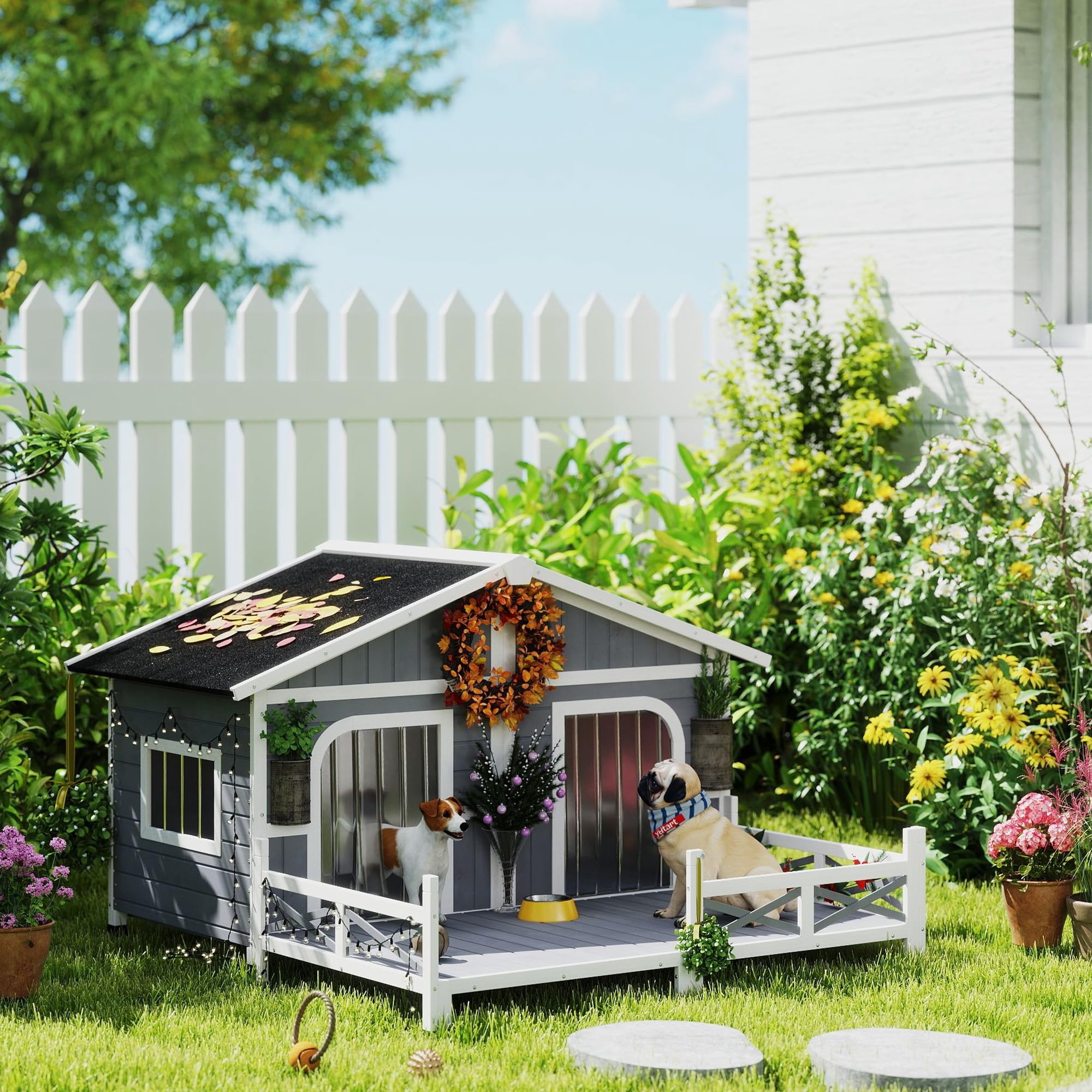 PawHut Dog House Outdoor, Wooden Dog Kennel Weatherproof with Porch, Double Room, Openable Roof, Removable Bottom, Elevated Floo