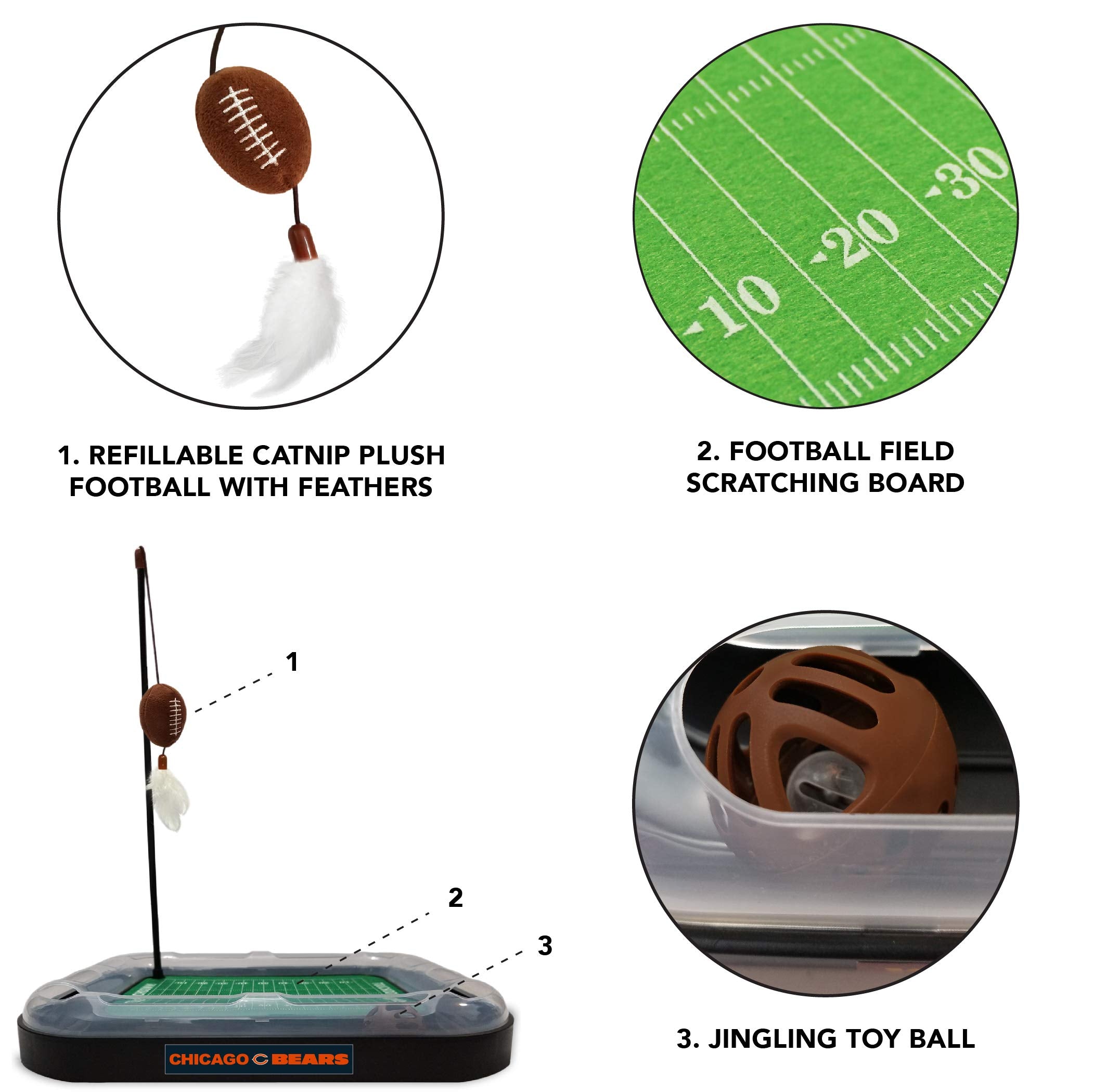 Pets First Cat Scratcher NFL Chicago Bears Football Field CAT Scratcher Toy with Catnip Filled Plush Football Toy & Feather Cat
