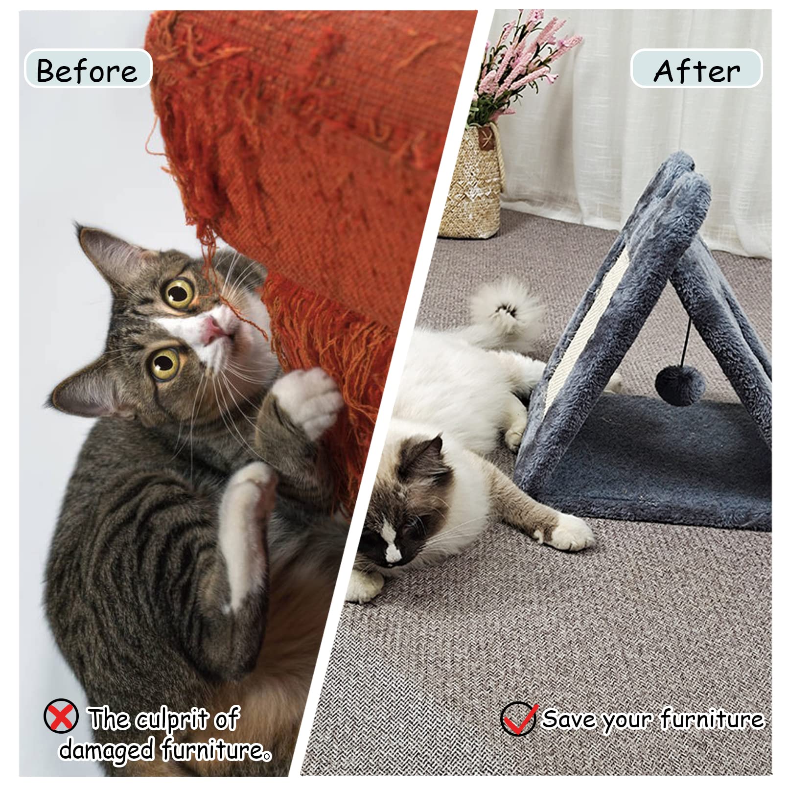 Fhiny Triangle Cat Scratching Post, Natural Sisal Cat Standing Scratch Board With Hanging Plush Ball Toy Pet Cave Nest Indoor Cats Pads Activity Center For Keeping Away From Furniture