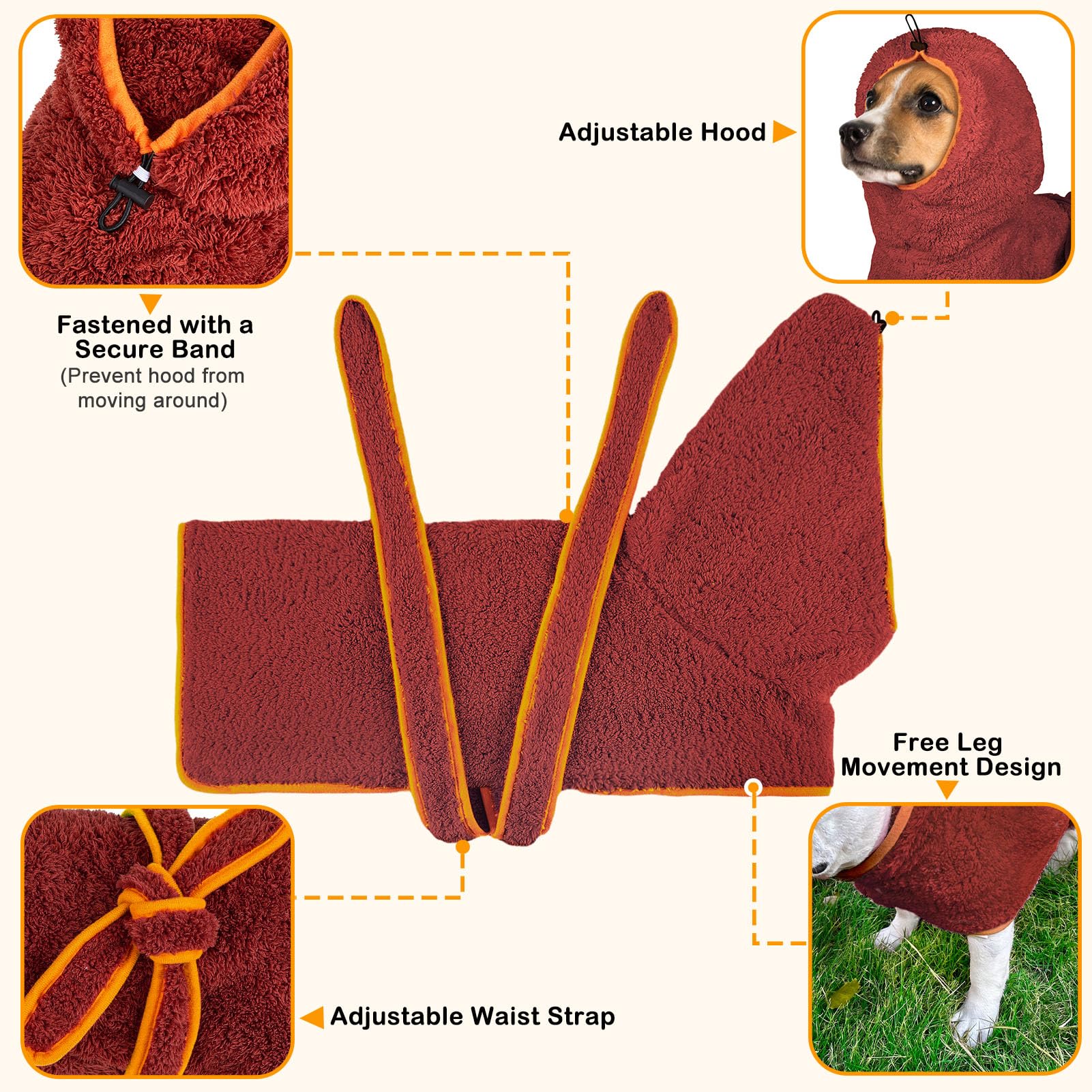 Bienbee Soft Dog Bathrobe,Super Absorbent & Quick-Drying Dog Robe With Hood, Cozy Drying Coat For After Bath, Red M