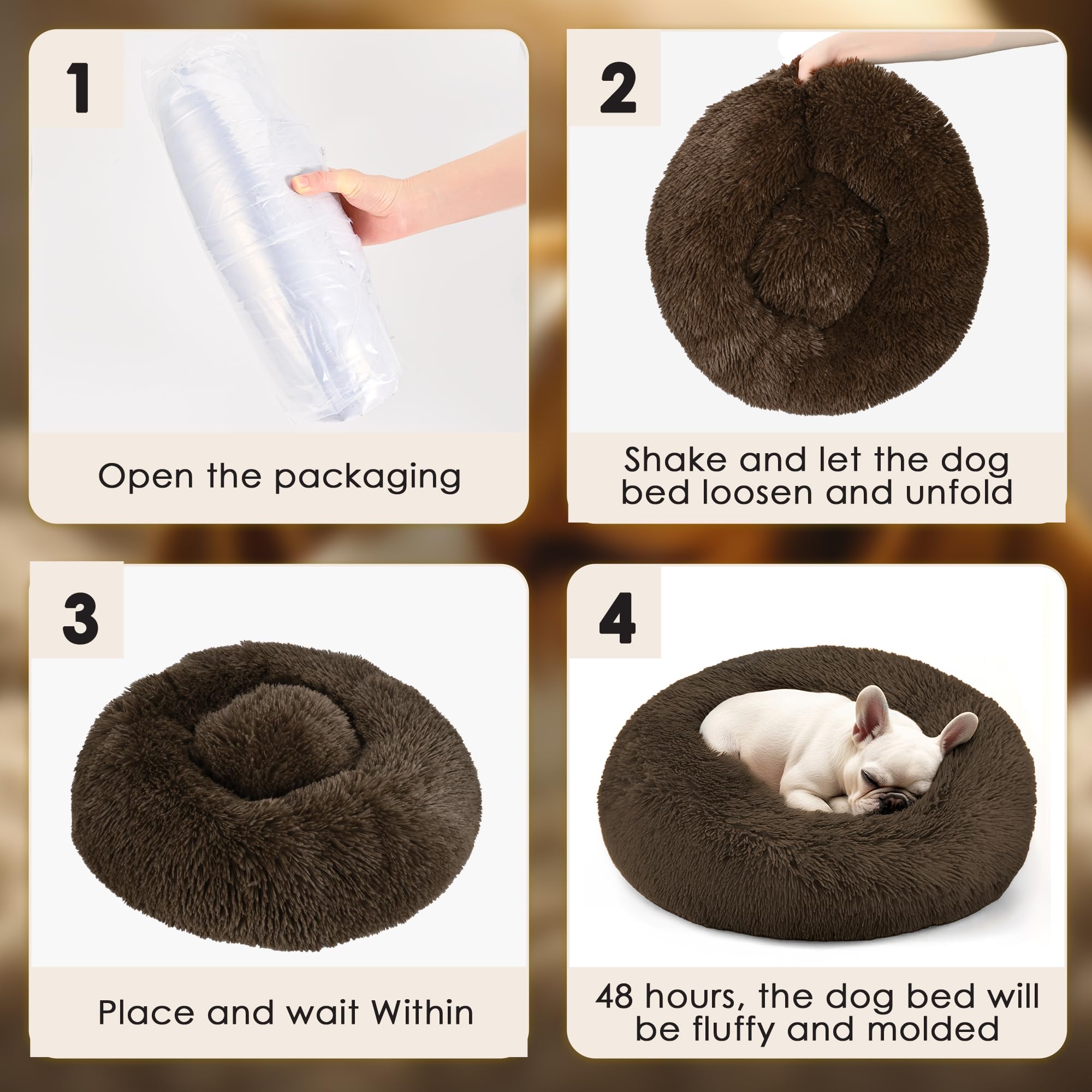 Dogs Bed for Small Dogs, Anti-Anxiety Washable Round Bed (Coffee, 24.0 L x 24.0 W x 8.0 Th)