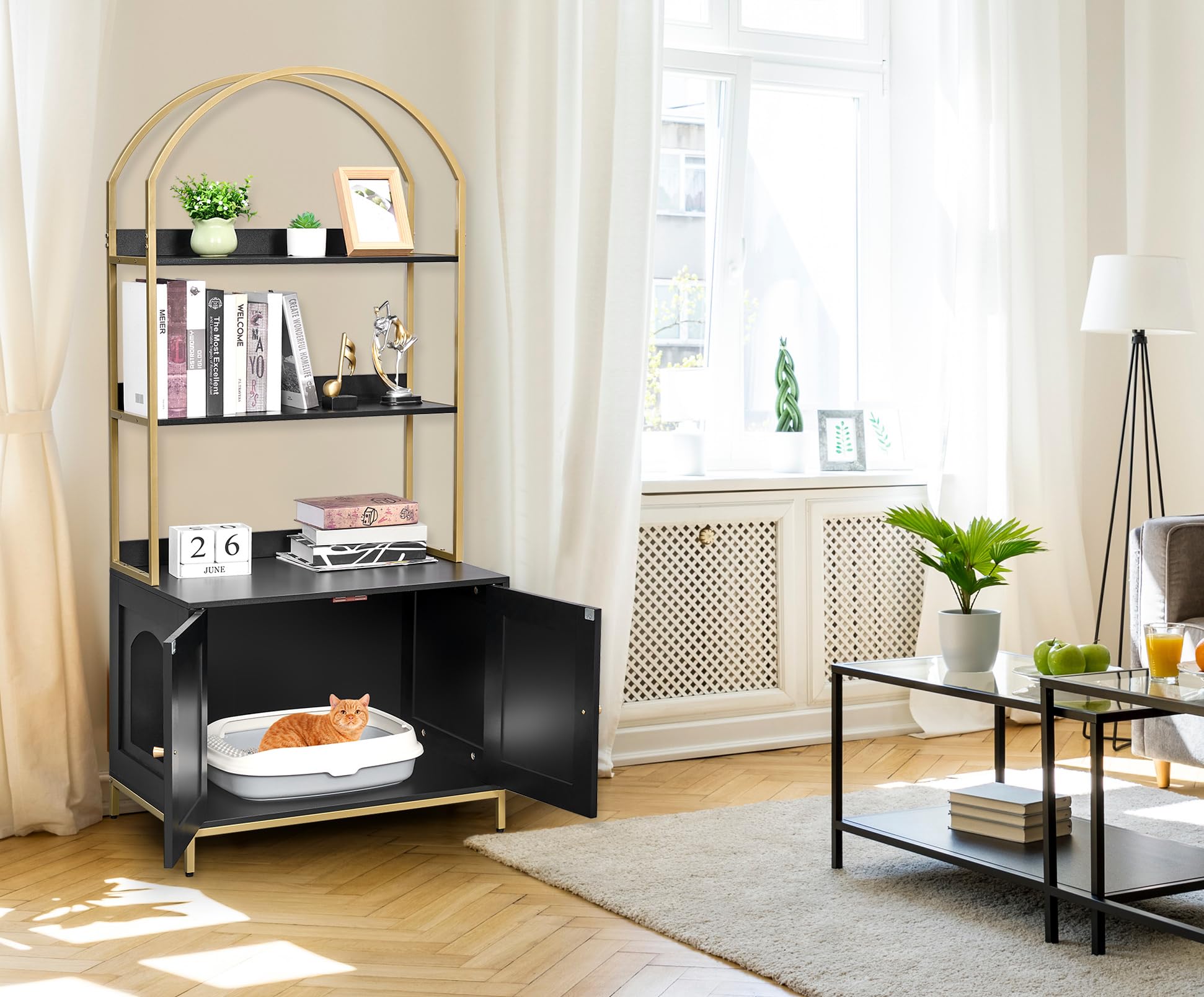 Homhedy Cat Litter Box Enclosure, Litter Box Furniture Hidden With 2-Tier Storage Shelves, Wooden Cat Washroom Furniture With Me