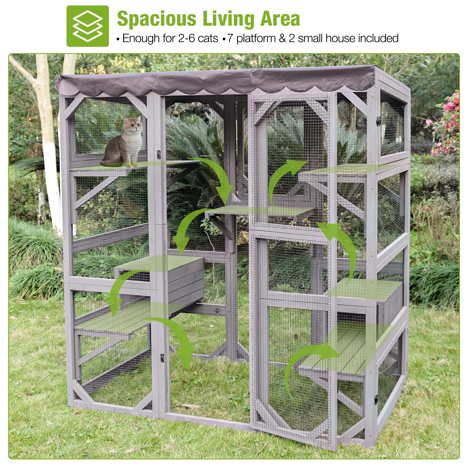 Gutinneen Catio Outdoor Cat Enclosure Large Walk In Window Cat House For Mulitiple Cats With 7 Platforms And 2 Resting Box,Tarp
