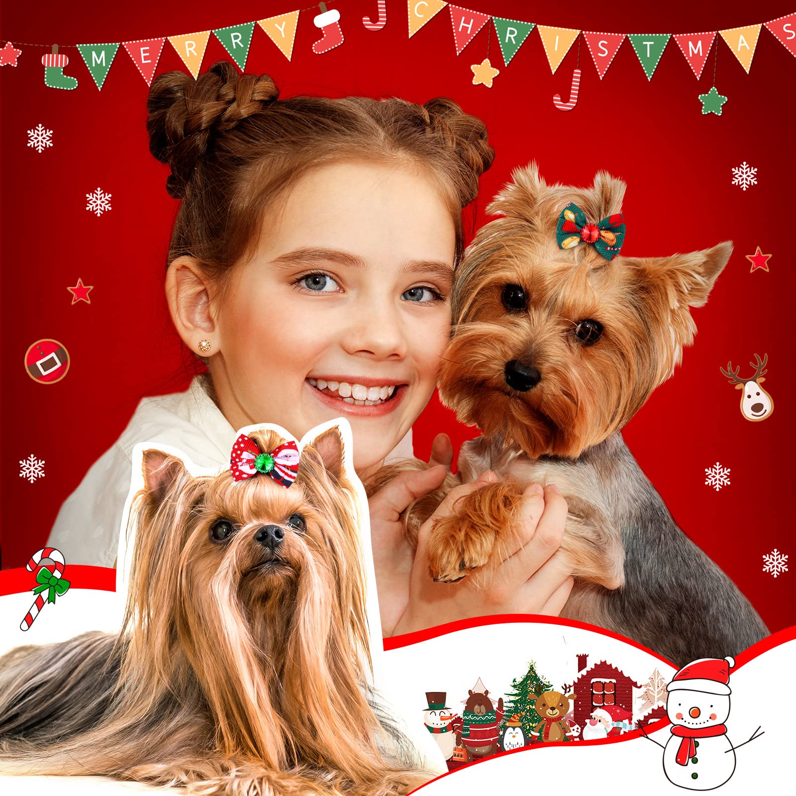 Tondiamo 100 Pack Christmas Dog Bows For Dogs Christmas Hair Bows With Rubber Bands Puppy Hair Bows Rhinestone Dog Bows Grooming
