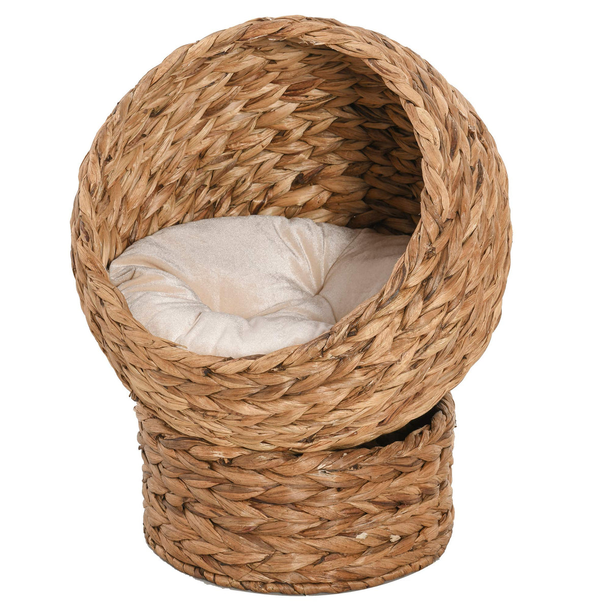 Pawhut Woven Banana Leaf Elevated Cat Bed House Basket Soft Cushion Dome Basket 50 X 42 X 60 Cm Brown