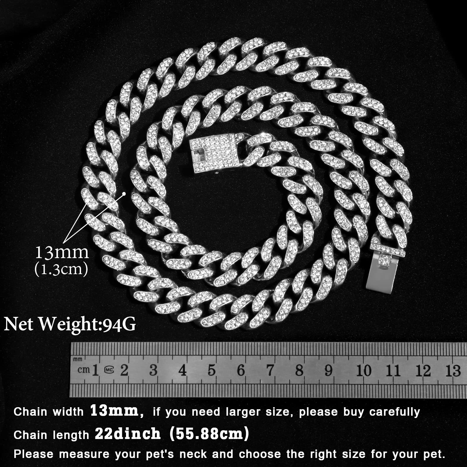 Cuban Link Dog Collar Gold Silver Color Metal Dog Chain Collar Cuban Diamond Chain Pet Collars For Dogs Cats Jewelry 8/10/14/16/18/20/24/28 Inch (22Inch, Silver)