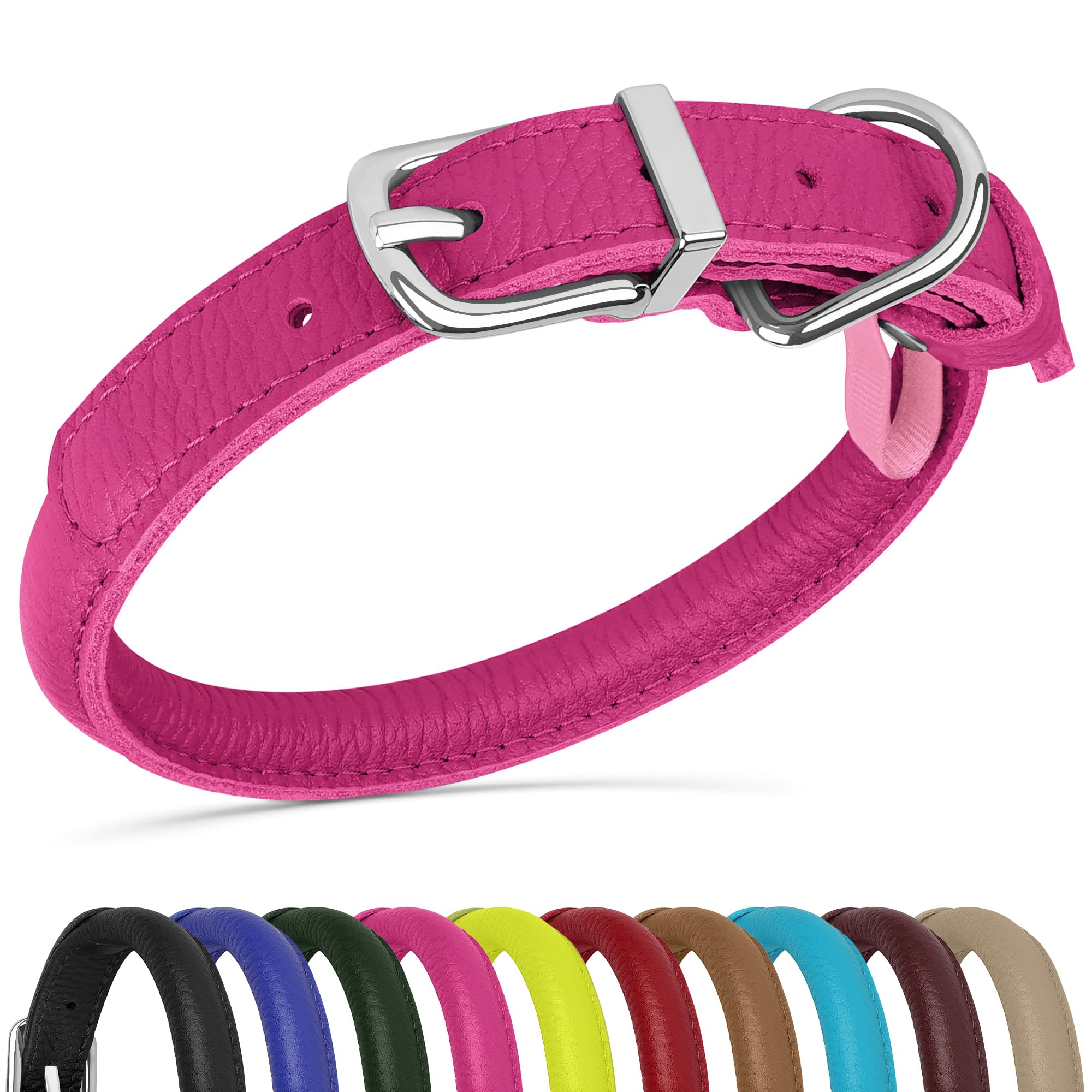 Oopsdoggy Rolled Leather Dog Collar Soft Roll Collars For Small Medium Large Dogs Puppy (Pink, M, 12''-15'')