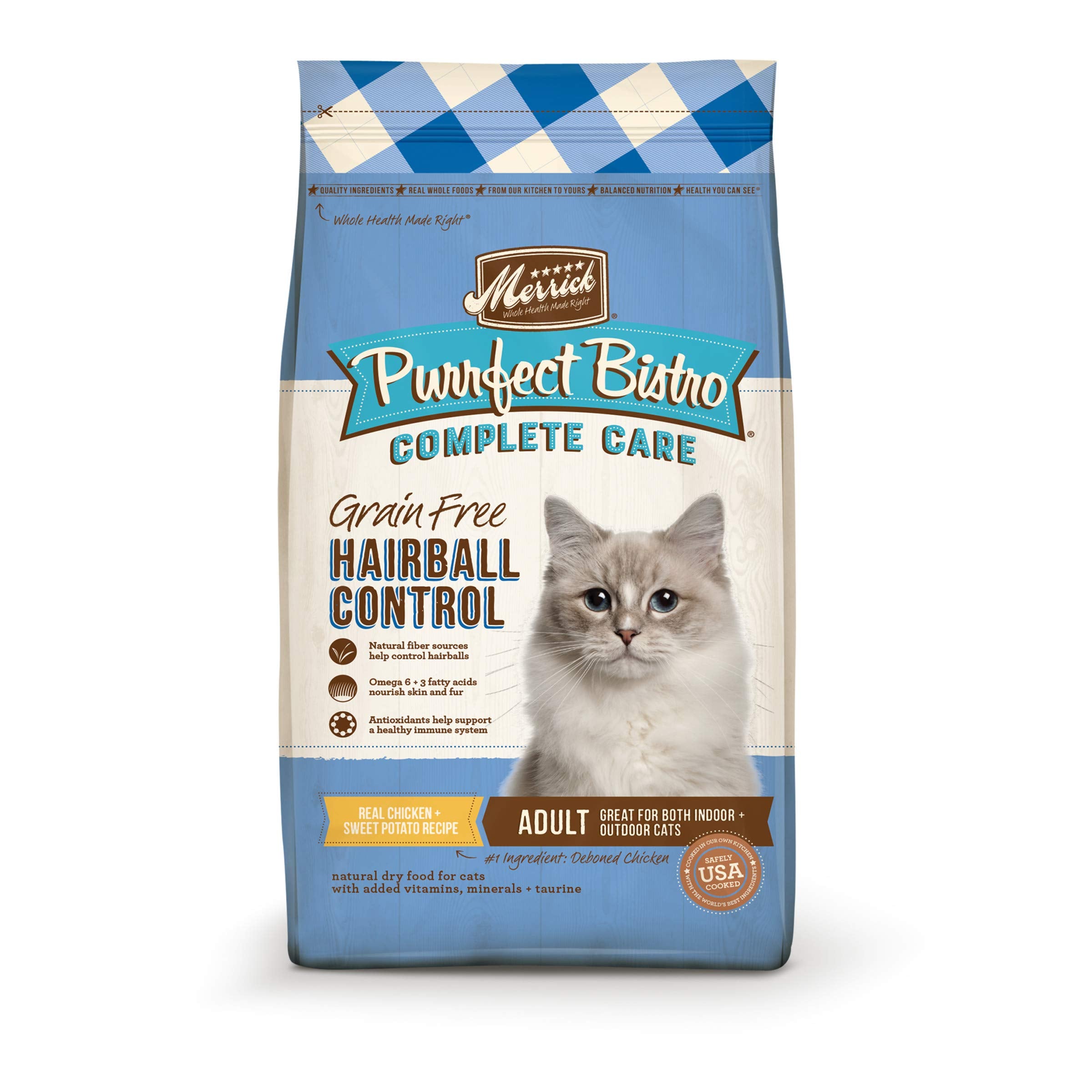 Merrick Purrfect Bistro Grain Free Cat Food, Complete Care Hairball Control Dry Cat Food Recipe - 12 lb. Bag
