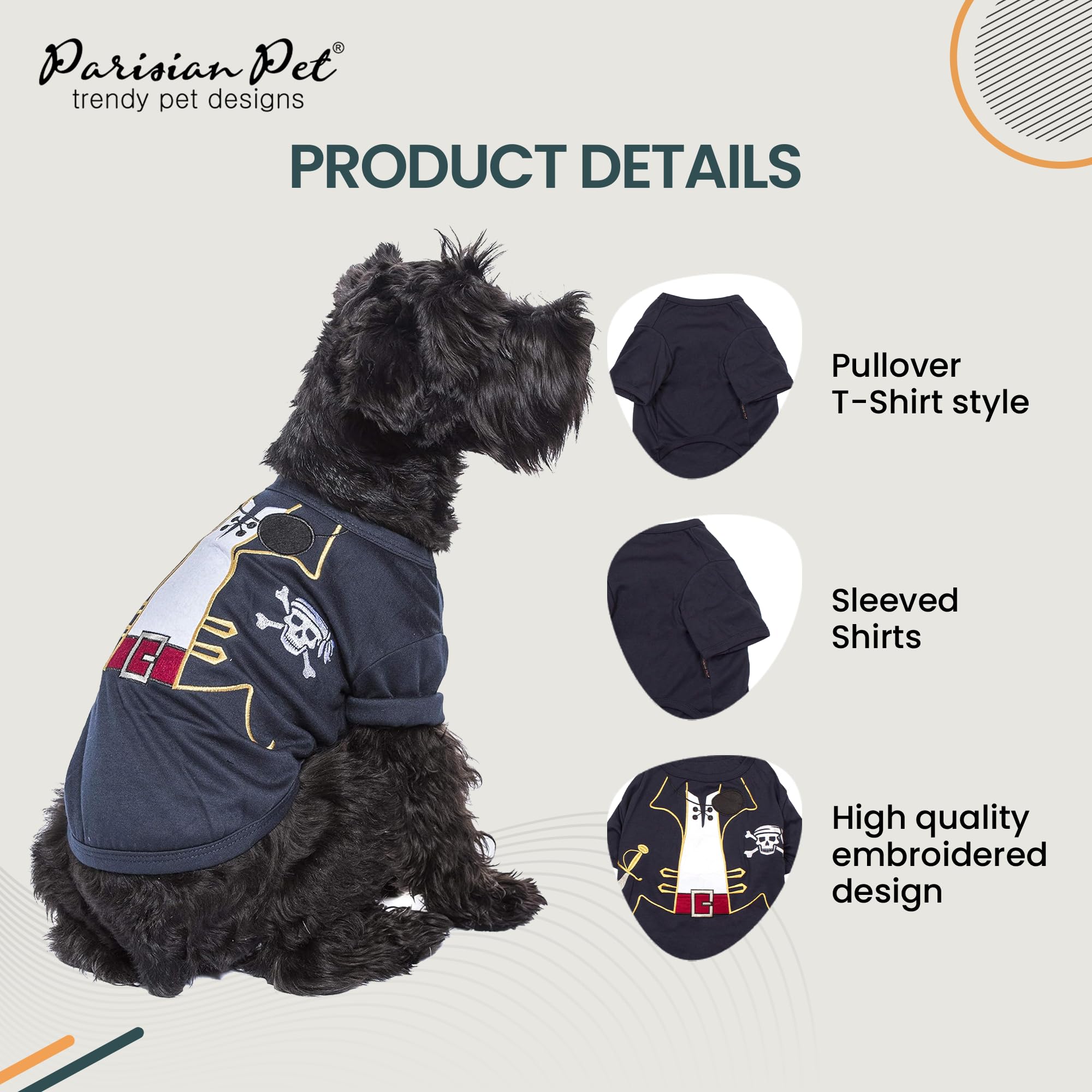 Parisian Pet Captain Sparrow Dog Shirt - Embroidered Dog Pirate Costume - 100% Cotton & Polyester Dog Halloween Costume - Sleeved Halloween Outfit - Black Dog Shirts For Large Dog - Pet Clothes - 3Xl