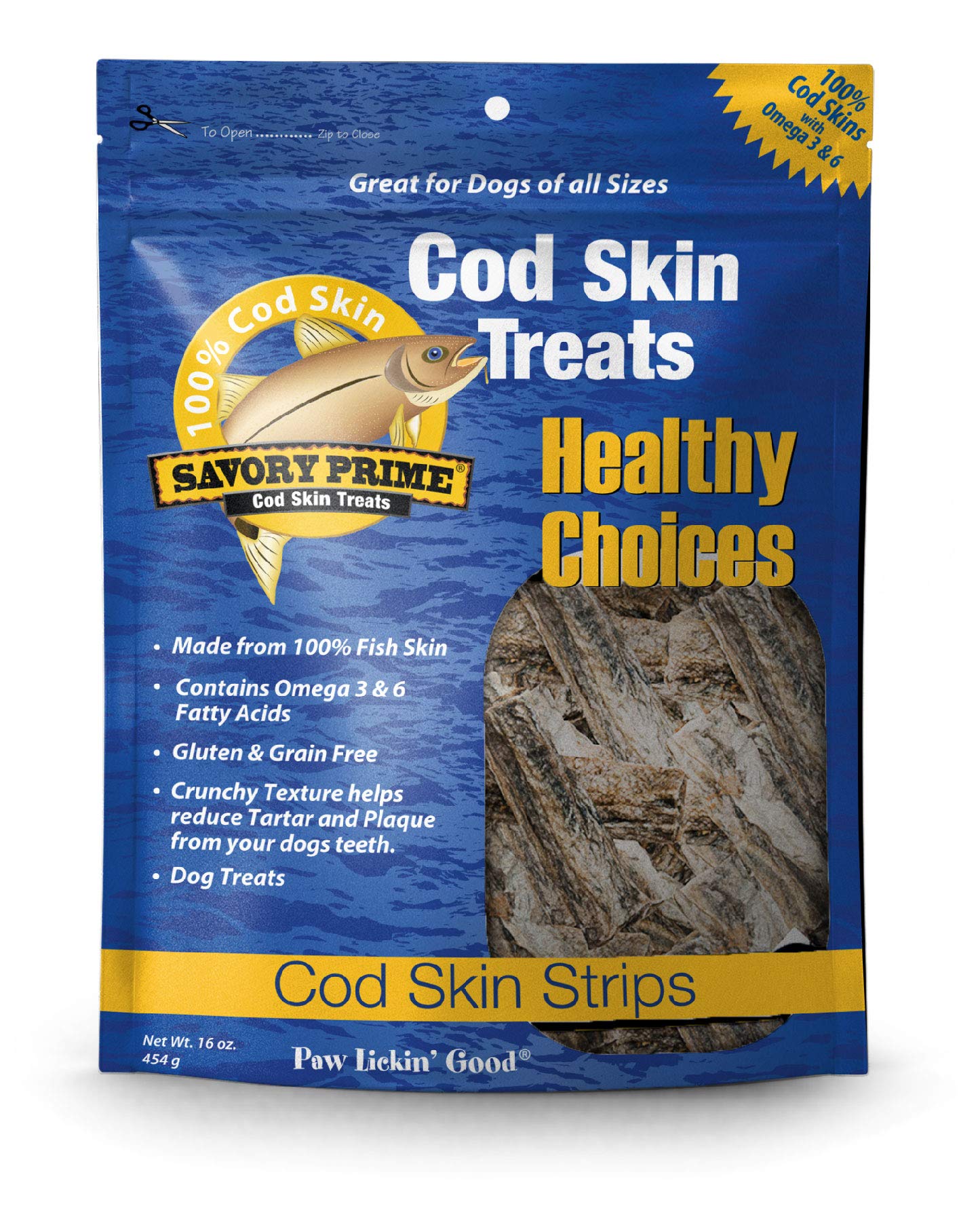 Savory Prime Cod Skin Fish Strips, 16-Ounce, No Artificial Color, All Breed Sizes (62016)