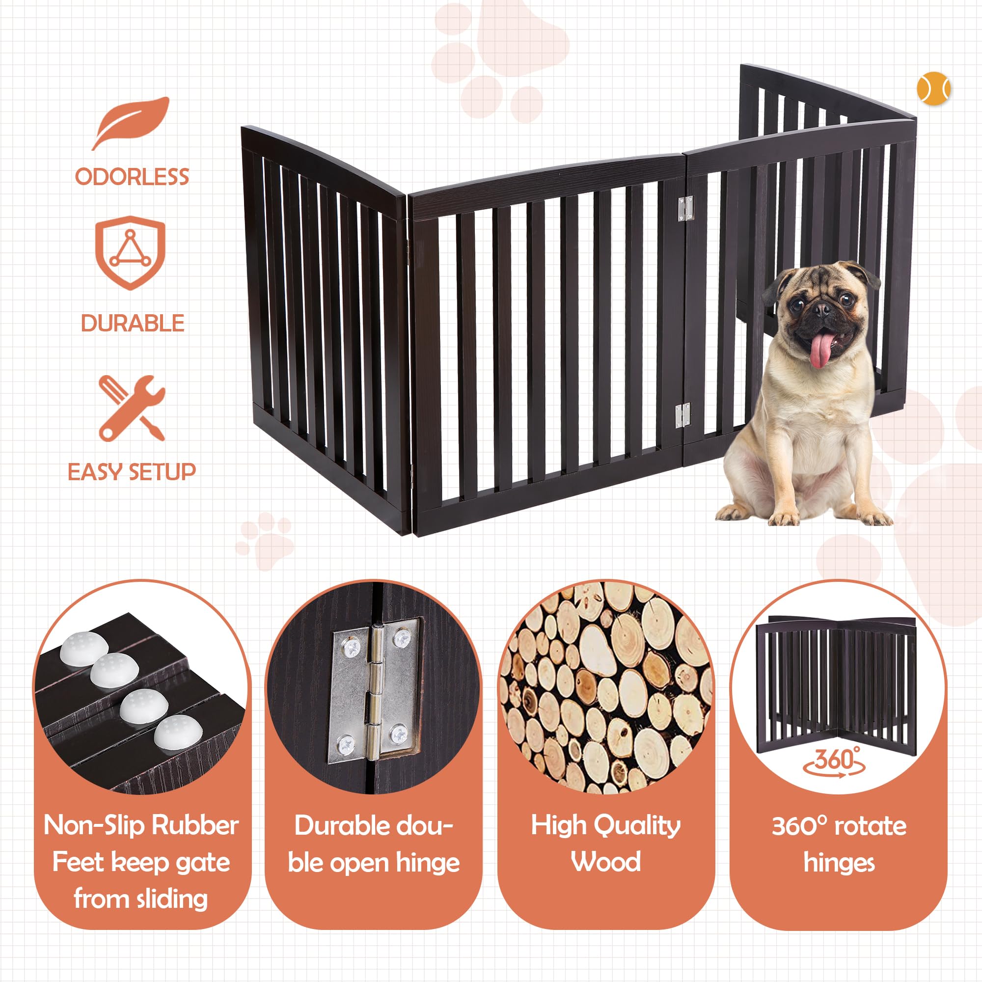 Pet Gate Dog Gate Indoor For Doorways Stairs 24 Inch Dog Fence Extra Wide 4 Panel Wooden