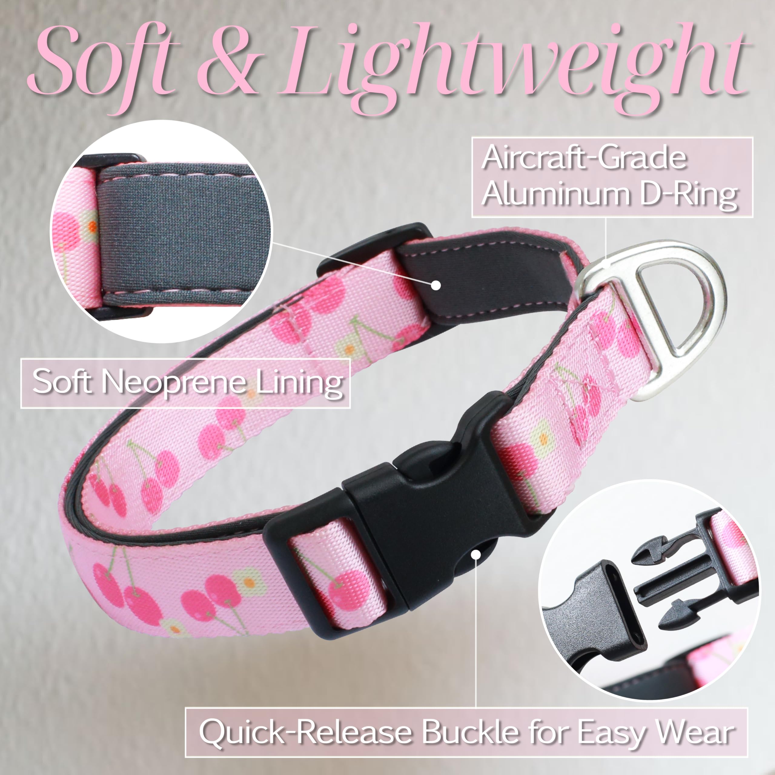 Jc House Medium Dog Collar With Reflective Logo And Soft Padded Neoprene,Pink Cherry Design, Adjustable,Lightweight & Durable, N