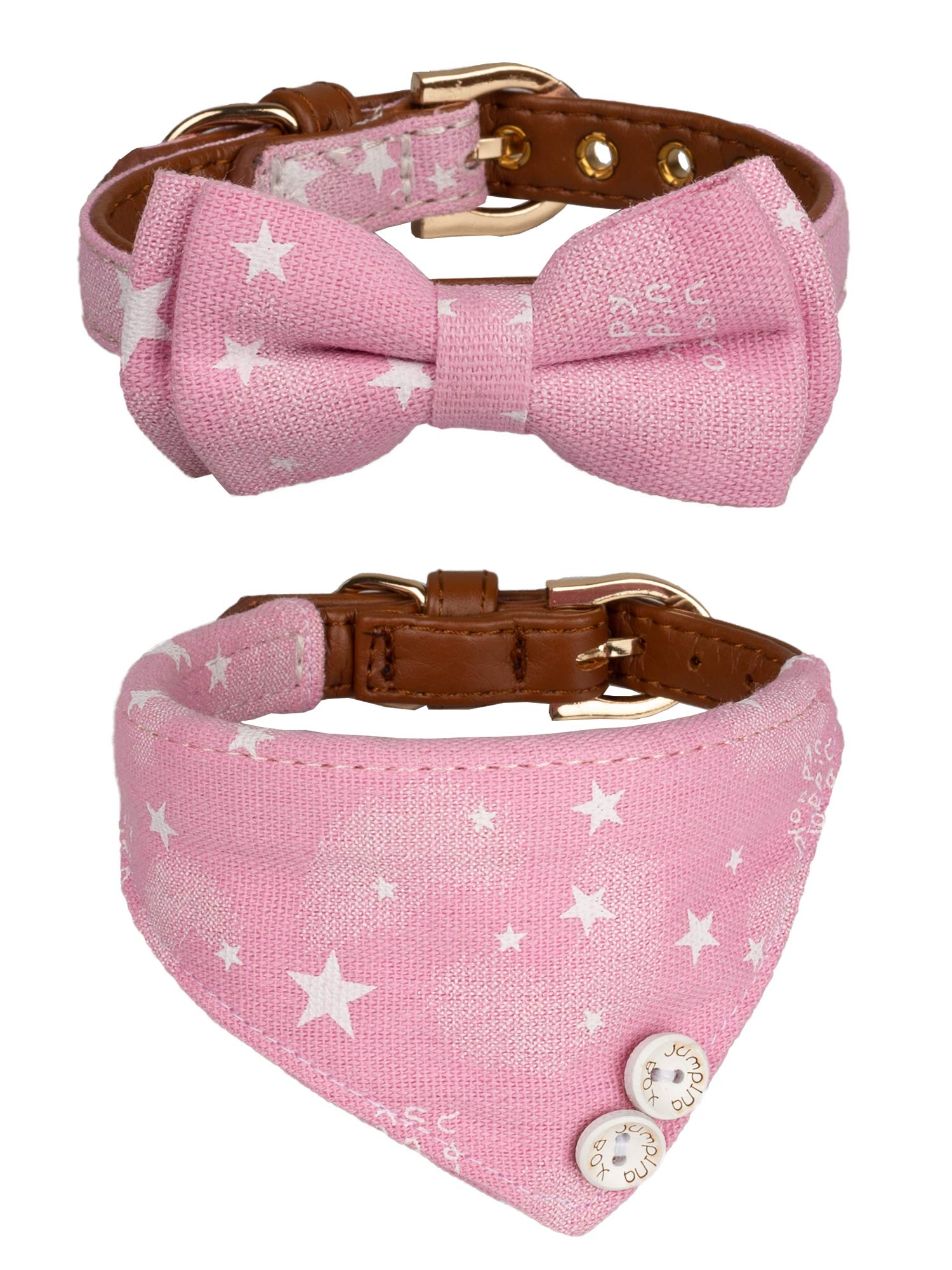 Gyapet Small Dog Collar Puppy Cat Tiny Pet Bow Tie & Bandana 2Pcs Set Pu Leather Canvas Scarf Durable Pink Stars