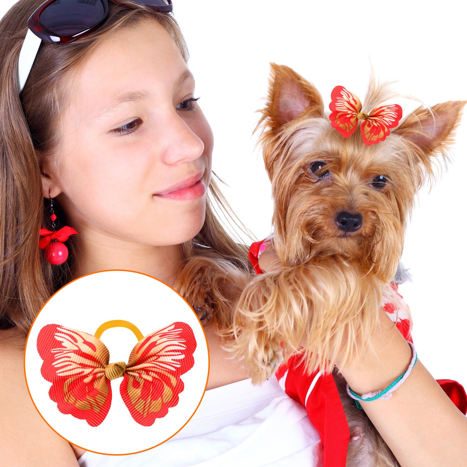 Janinka 36 Pieces Dog Hair Bows with Rubber Bands Butterfly Small Dog Knotted Bows Flower Pearls Elastic Hair Ties Bands for Pet