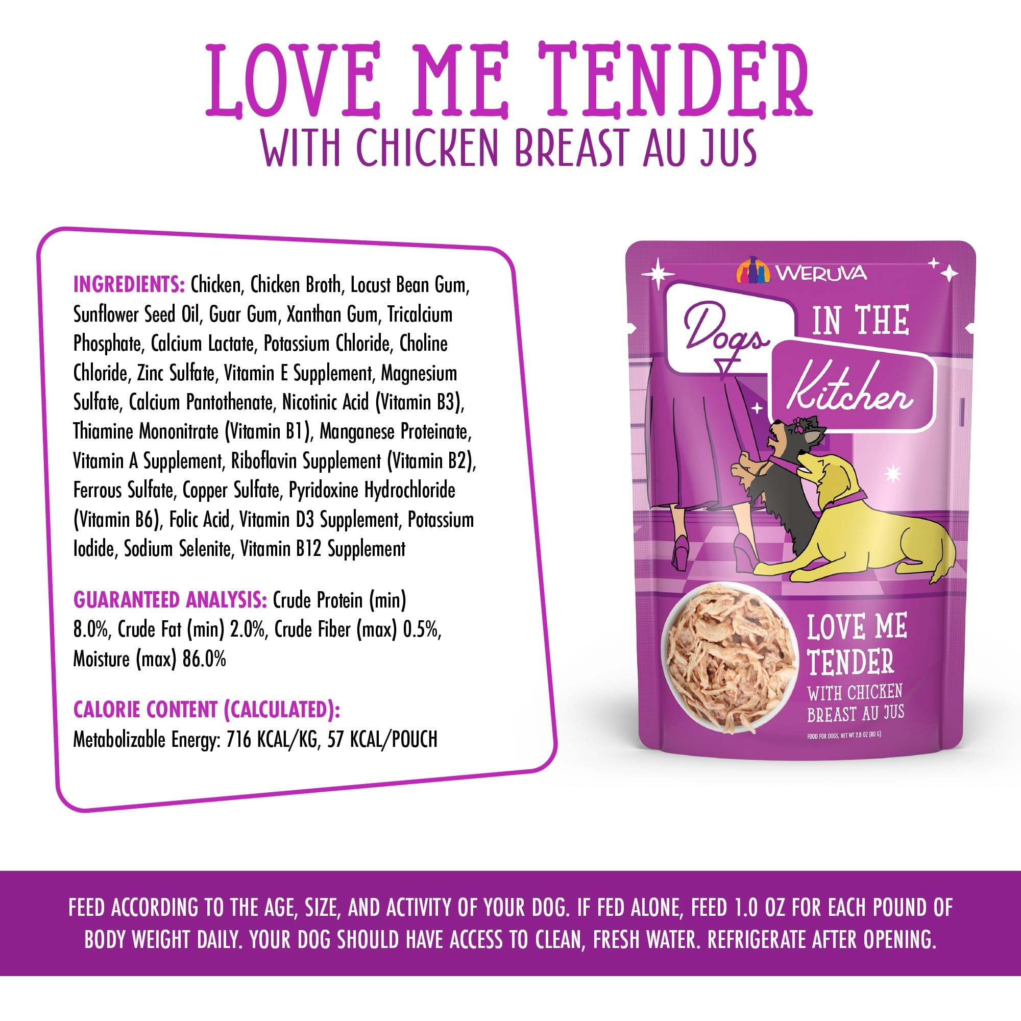 Weruva Dogs in The Kitchen, Love Me Tender with Chicken Breast Au Jus Dog Food, 2.8oz Pouch (Pack of 12), Purple