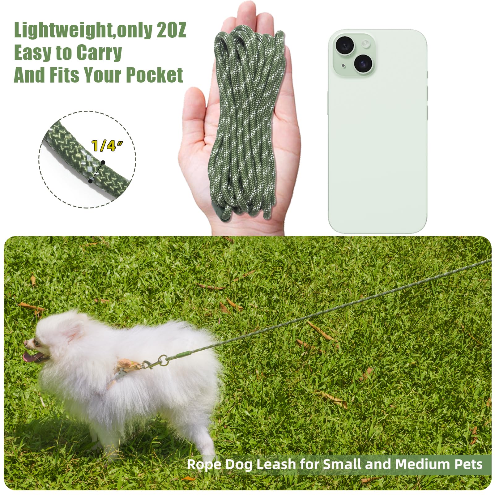 Codepets Lightweight Nylon Training Leash 20FTx1/4in Green with Comfortable Silicone Handle Highly Reflective No Tangle for Dogs