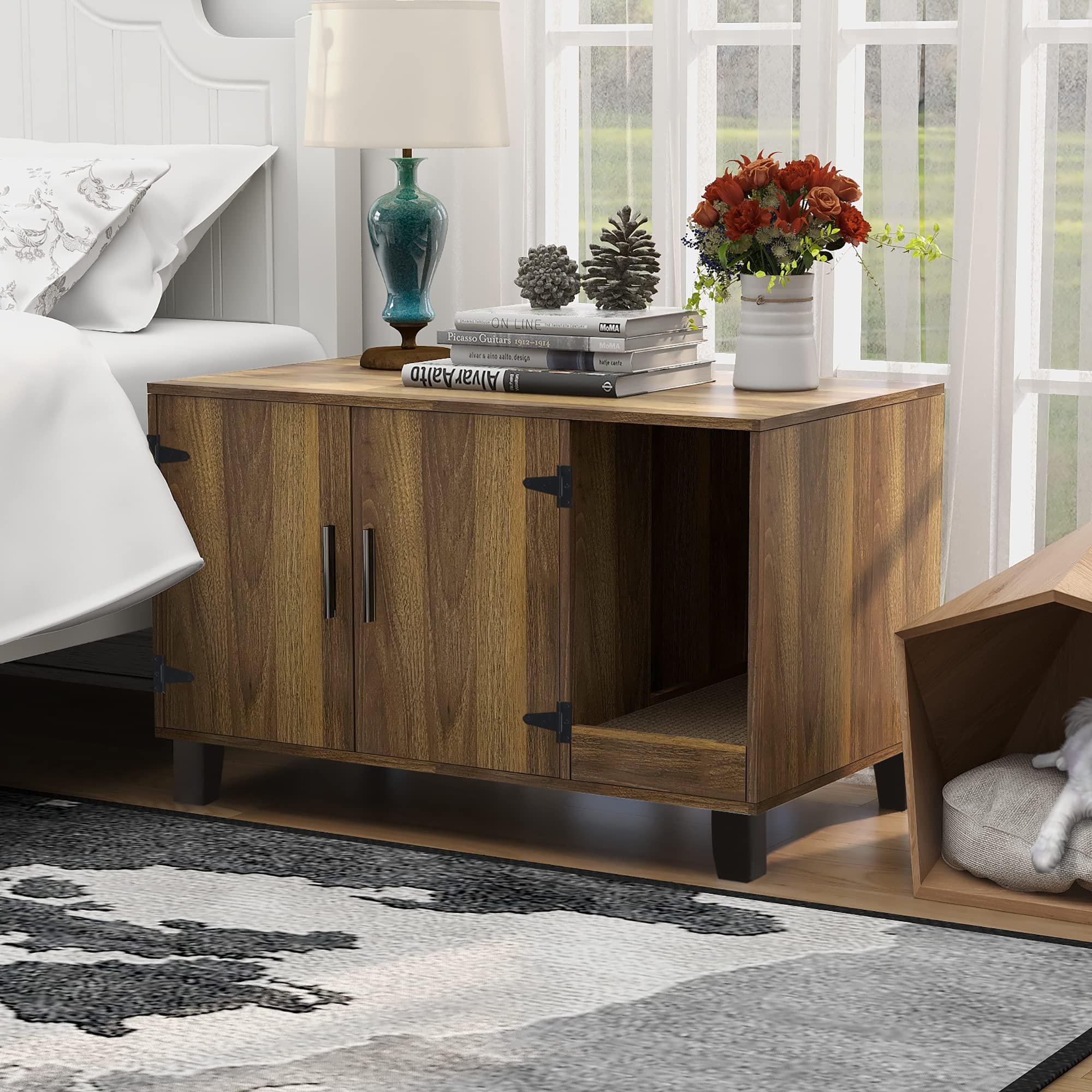 Taohfe Litter Box Enclosure Cat Litter Box Furniture Hidden With Cat Scratch Pad Decorative Farmhouse Wooden Hidden Litter Box Cat House Litterbox Furniture Cat Box Furniture Litterbox Cabinet