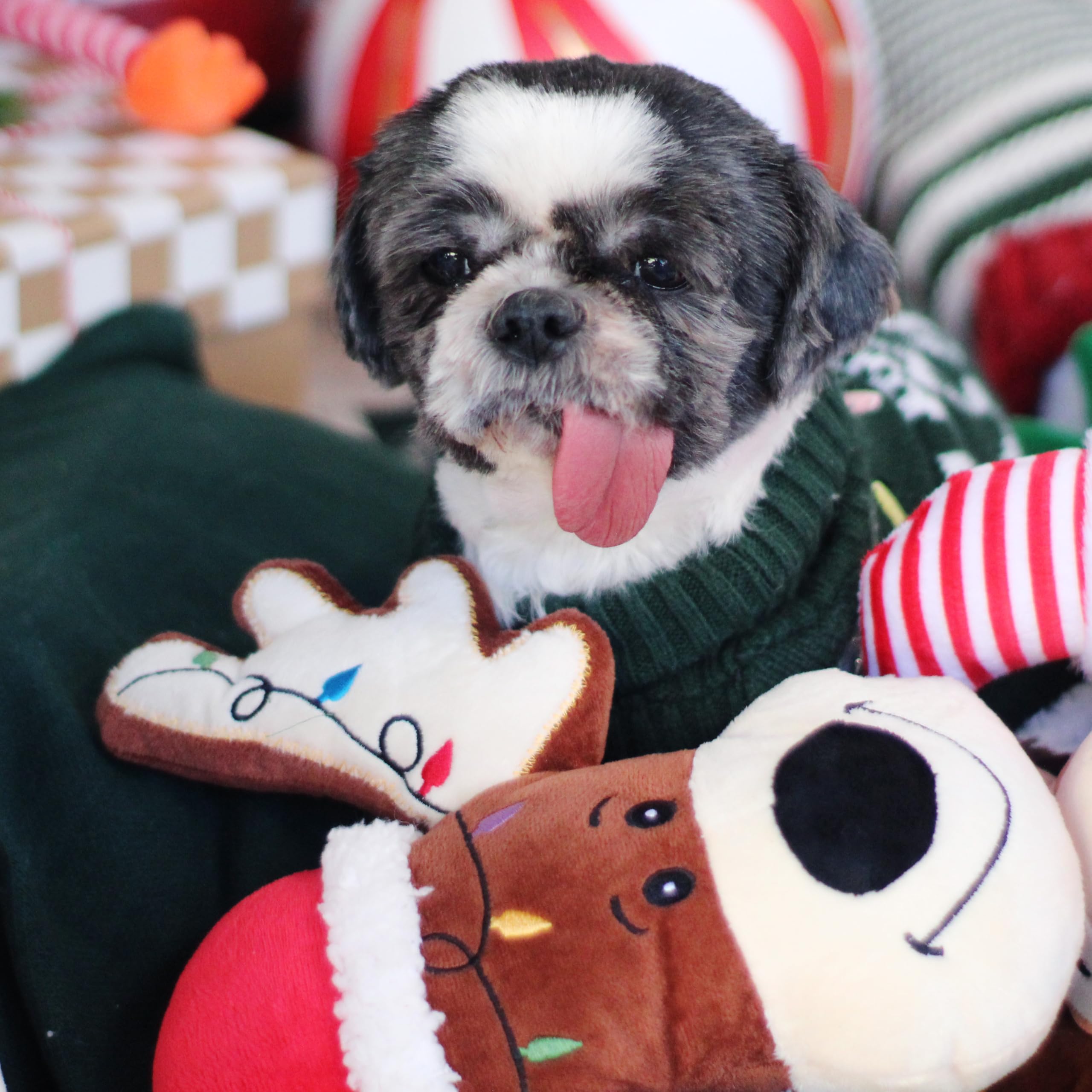 Giftable World Holiday Plush Pet Toy Fun For Christmas Designs With Squeaker Dog Chew Toy (9' Reindeer Cookie)