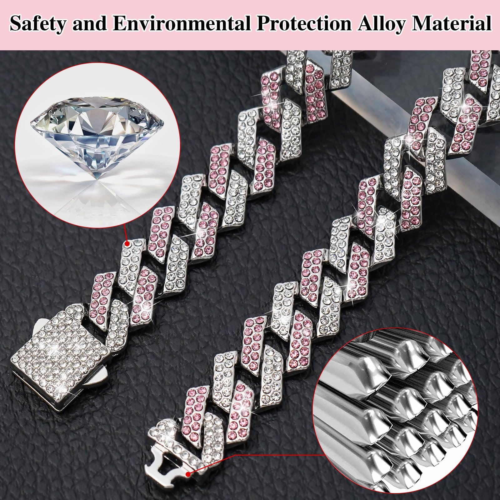 Pink Dog Chain Collar Diamond Link 15Mm Wide Dog Necklace Metal Cat Chains Pet Crystal Collars Jewelry Accessories For Small Med