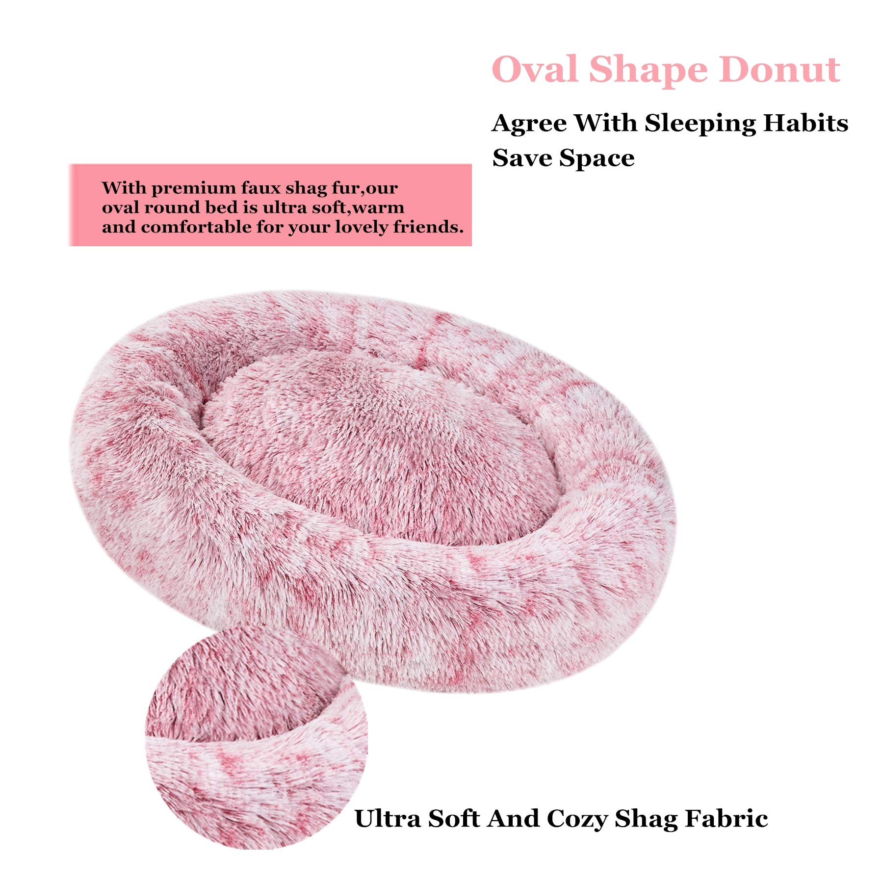 Coohom Oval Calming Donut Cuddler Dog Bed,Shag Faux Fur Cat Bed Washable Round Pillow Pet Bed(30''/36''/43'') For Small Medium D