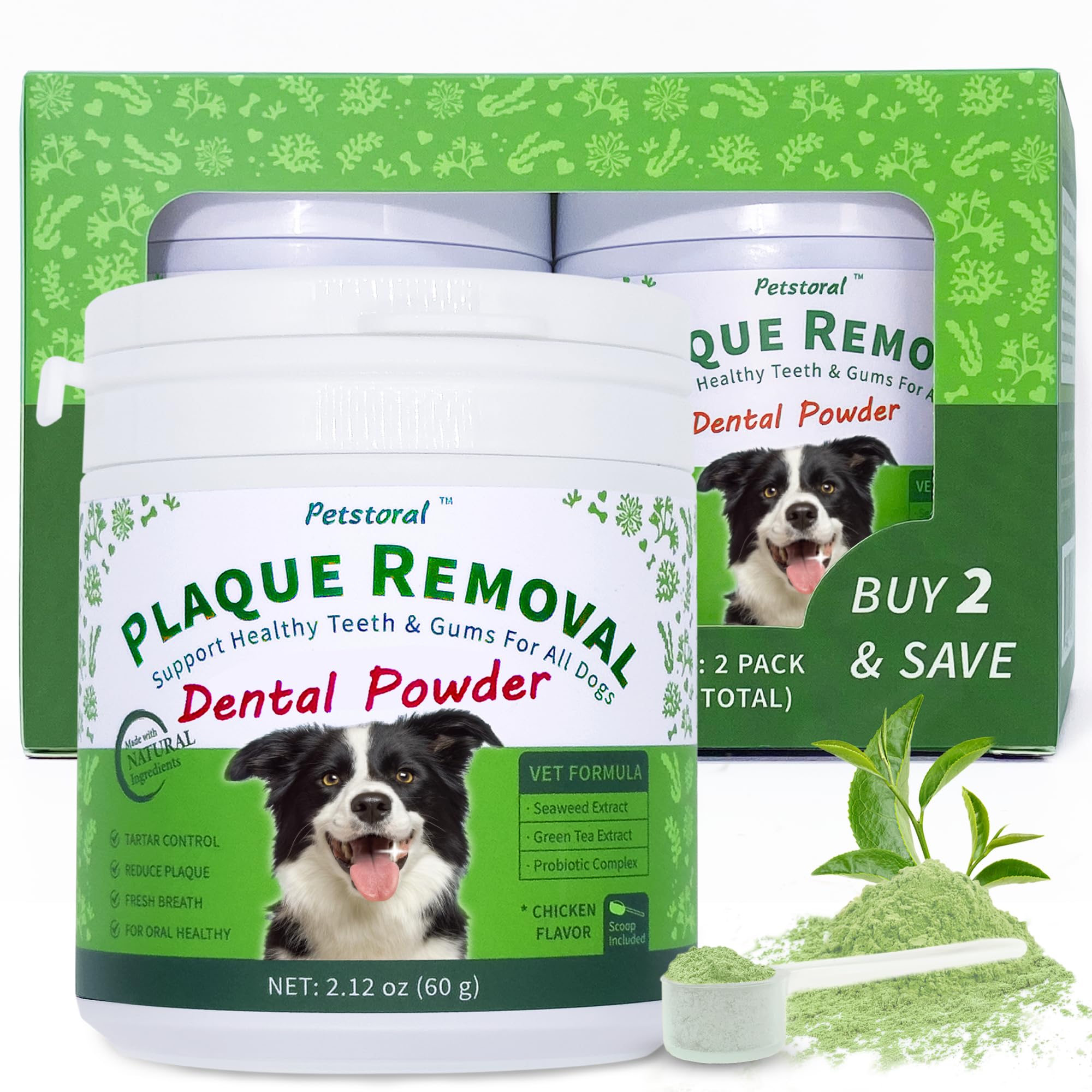 Petstoral 2-Pack Plaque Removal Natural Dental Powder, Dog Dental Care and Bad Breath Treatment, Dog Teeth Cleaning Powder for H