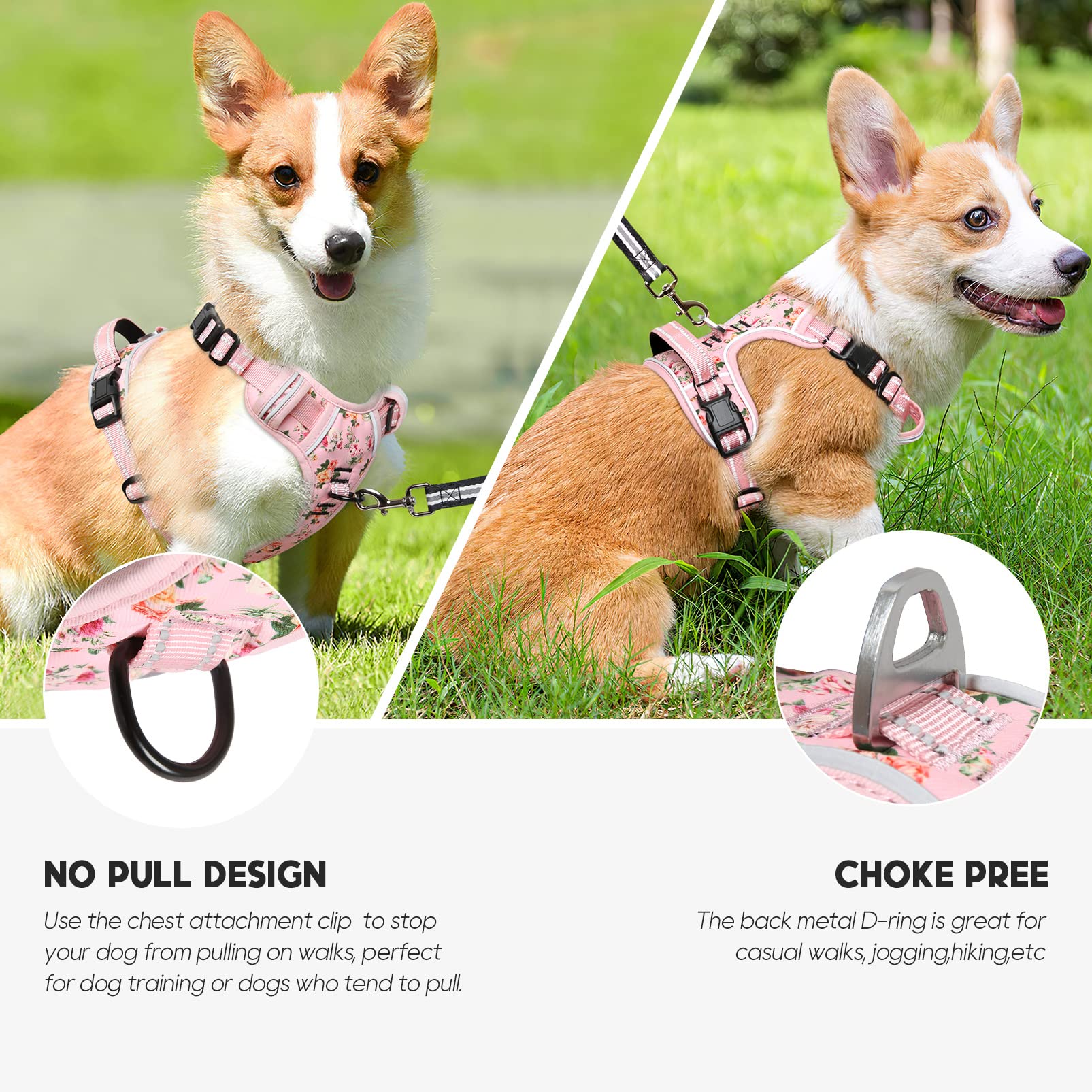 Timos No Pull Dog Harness,NO Need Go Over Dogs Head 3 Snap Buckles Reflective Oxford No Choke Harness with Front & Back 2 Metal