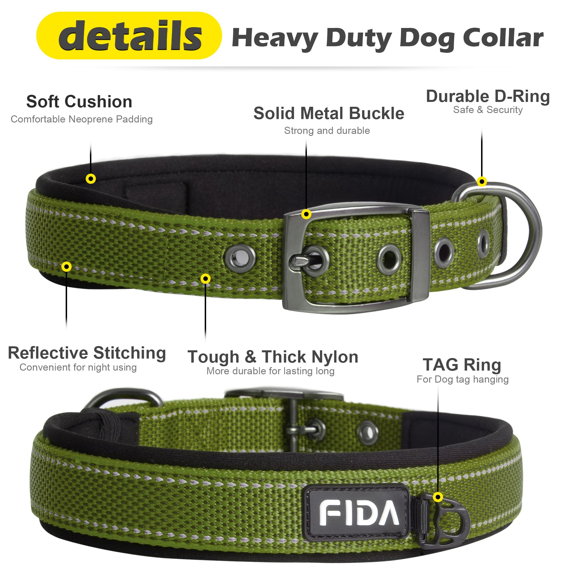 Fida Heavy Duty Dog Collar For Medium Dogs, Ultra Comfortable Soft Neoprene Padded, Adjustable Reflective Nylon Pet Collar With