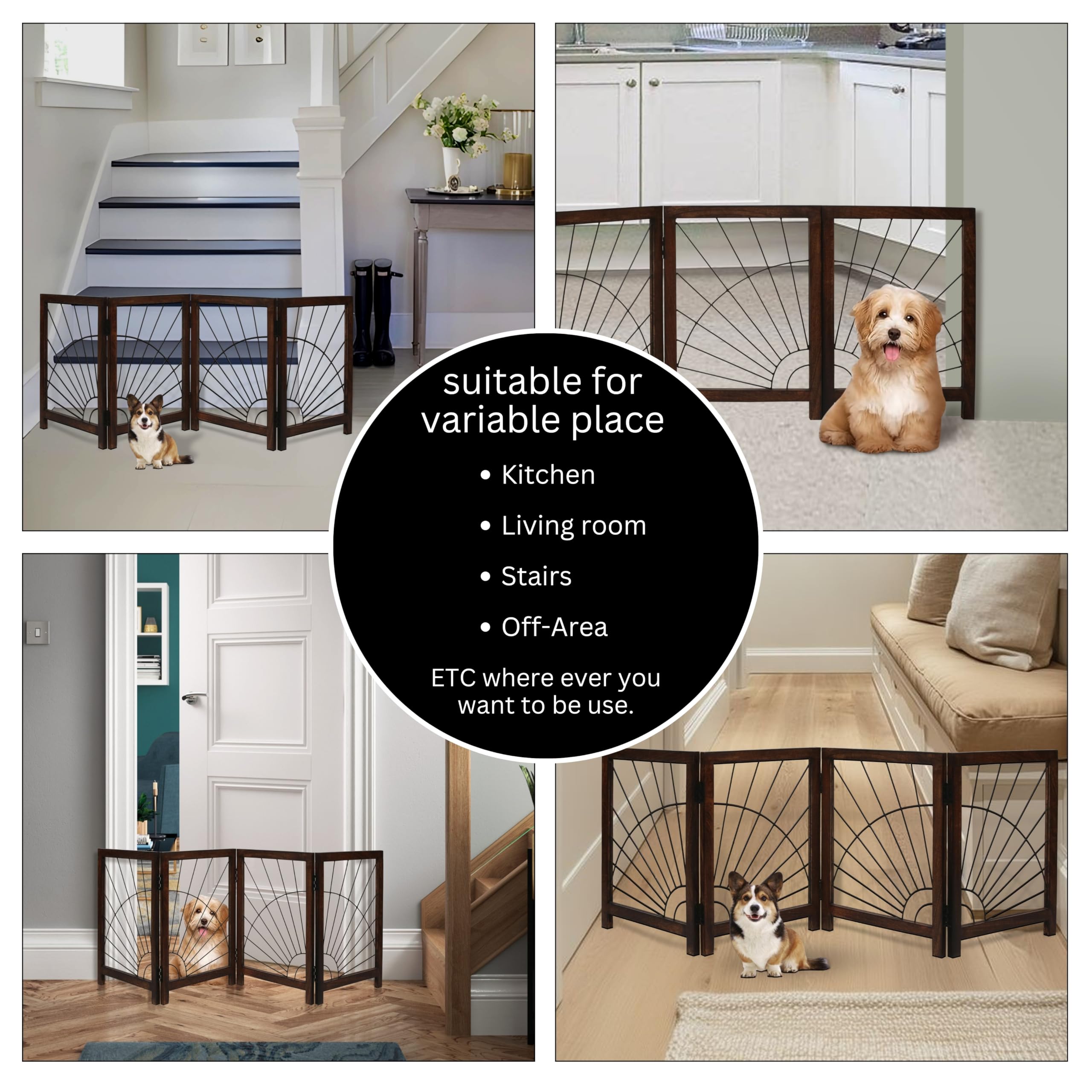 Sunshine Design Foldable Wooden Dog Gate - Indoor, 72 Inch Wide, 4 Panels, Burnt