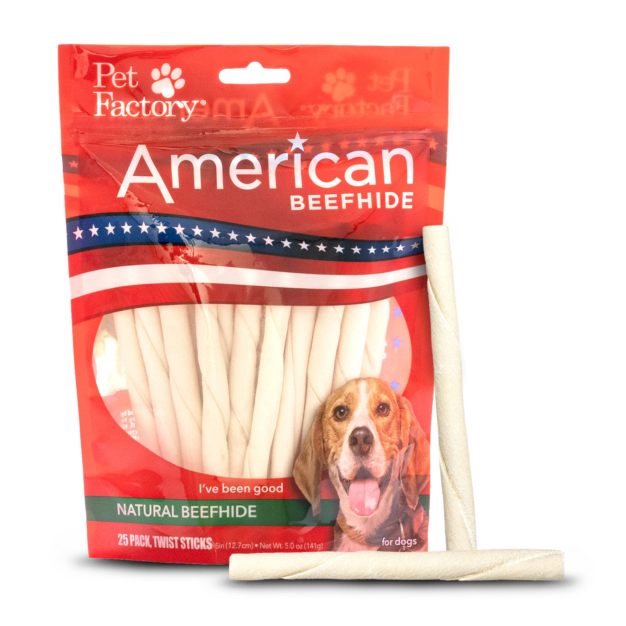 Pet Factory American Beefhide 5 Twist Sticks Dog Chew Treats - Natural Flavor, 25 Count/1 Pack