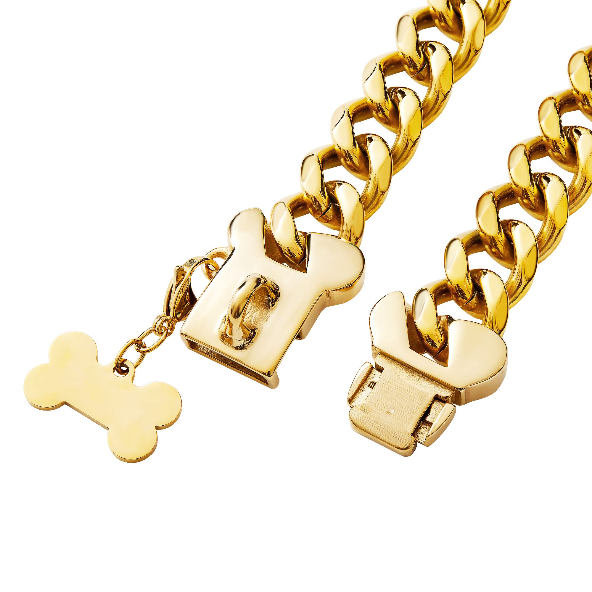 Gold Stainless Steel Cuban Link Heavy Duty Dog Collar For Small Medium Large Dogs, American Bully French Bulldog Dog Necklace Collar With Safety