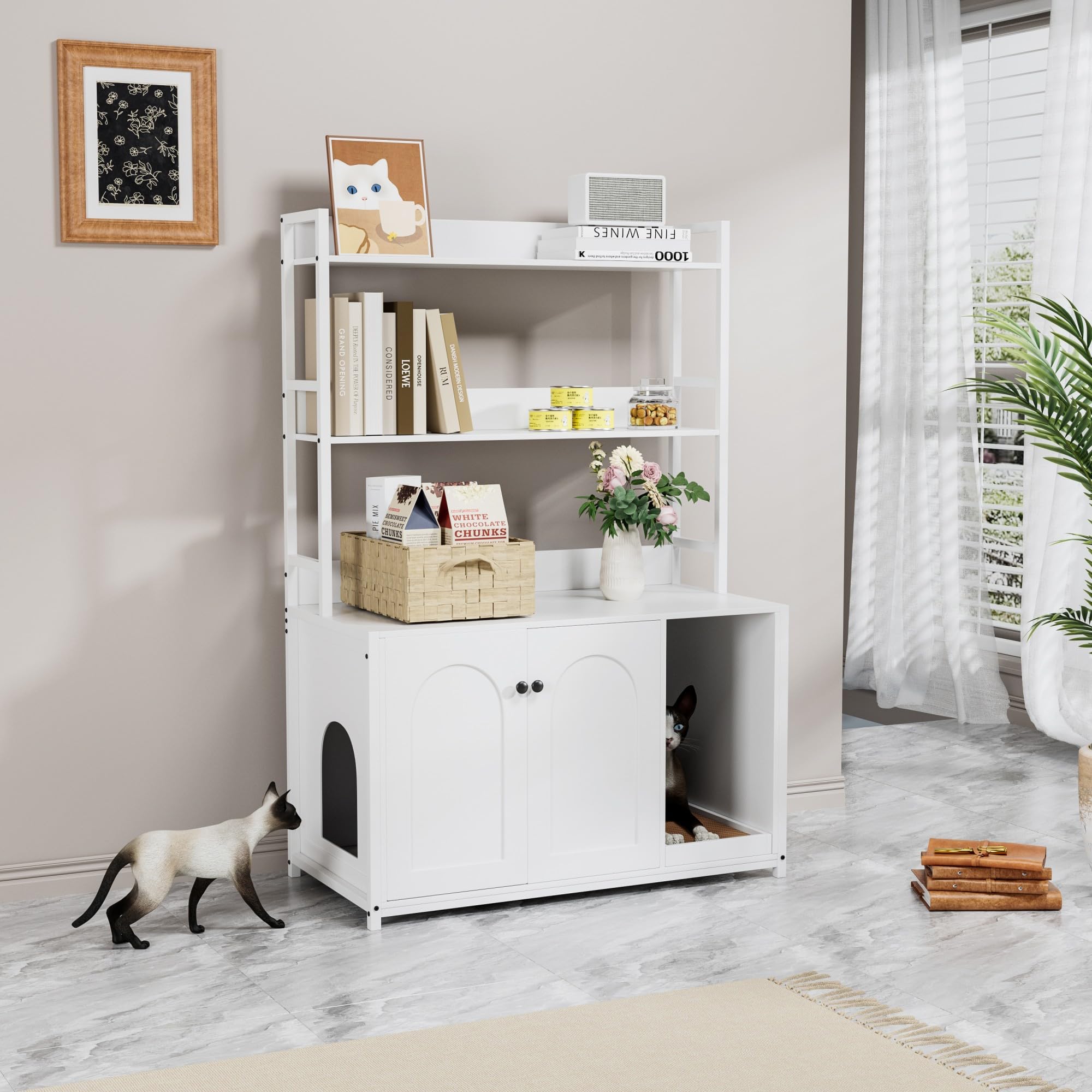 Litter Box Enclosure With 2 Storage Shelves White Hidden Cat Litter Box Furniture With Scratch Pad, Indoor Cat House Kitty Box W