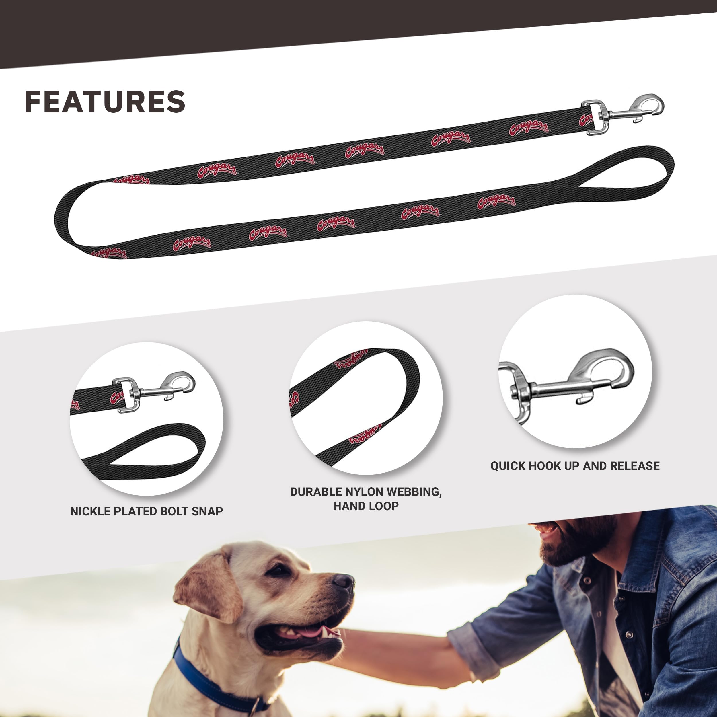 Moose Pet Wear Dog Leash - Washington State University Cougars Pet Leash, 1 Inch Wide X 6 Feet Long, Cougars On Carbon Fiber