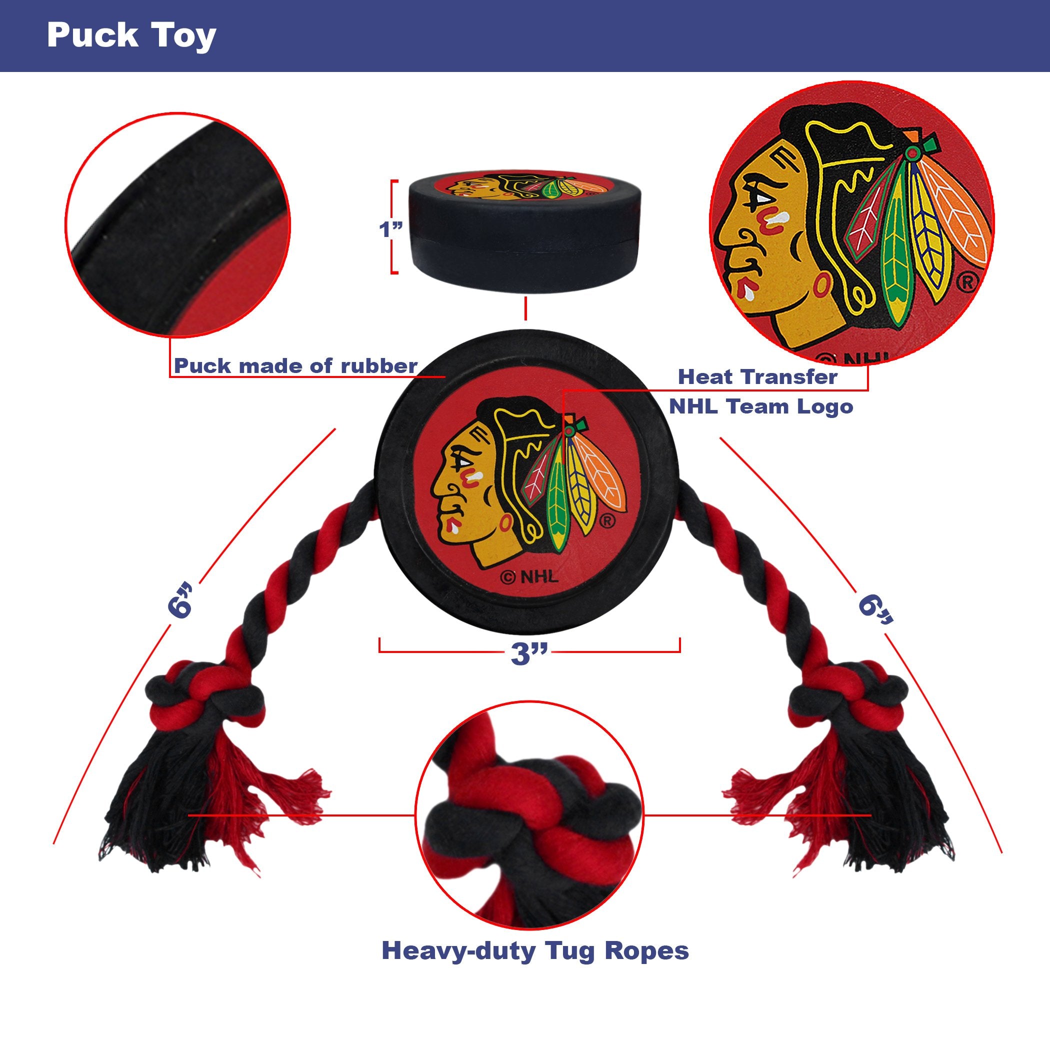 Pets First Rubber Dog Toy - Heavy-Duty Rope Tug With Nhl Chicago Blackhawks Puck. Play Hockey With Your Pet!