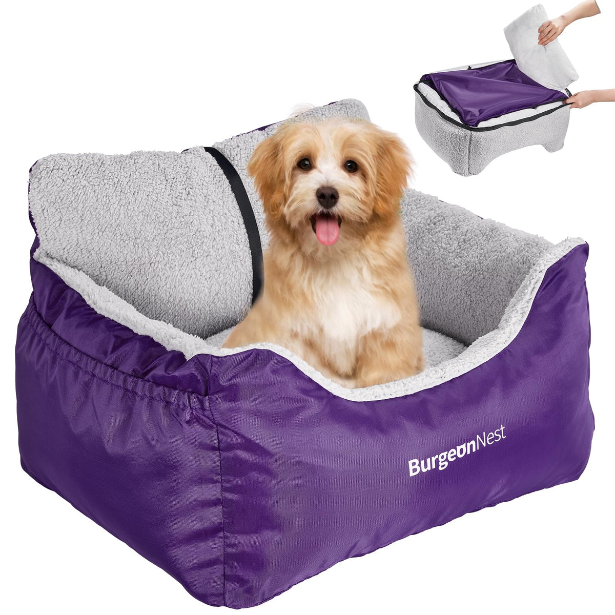 Burgeonnest Dog Car Seat For Small Dogs, Fully Detachable And Washable Cat Carseats Under 25 Lbs, Soft Pet Booster Seats With Storage Pockets Clip-On Leash Portable Travel Carrier Bed, Purple