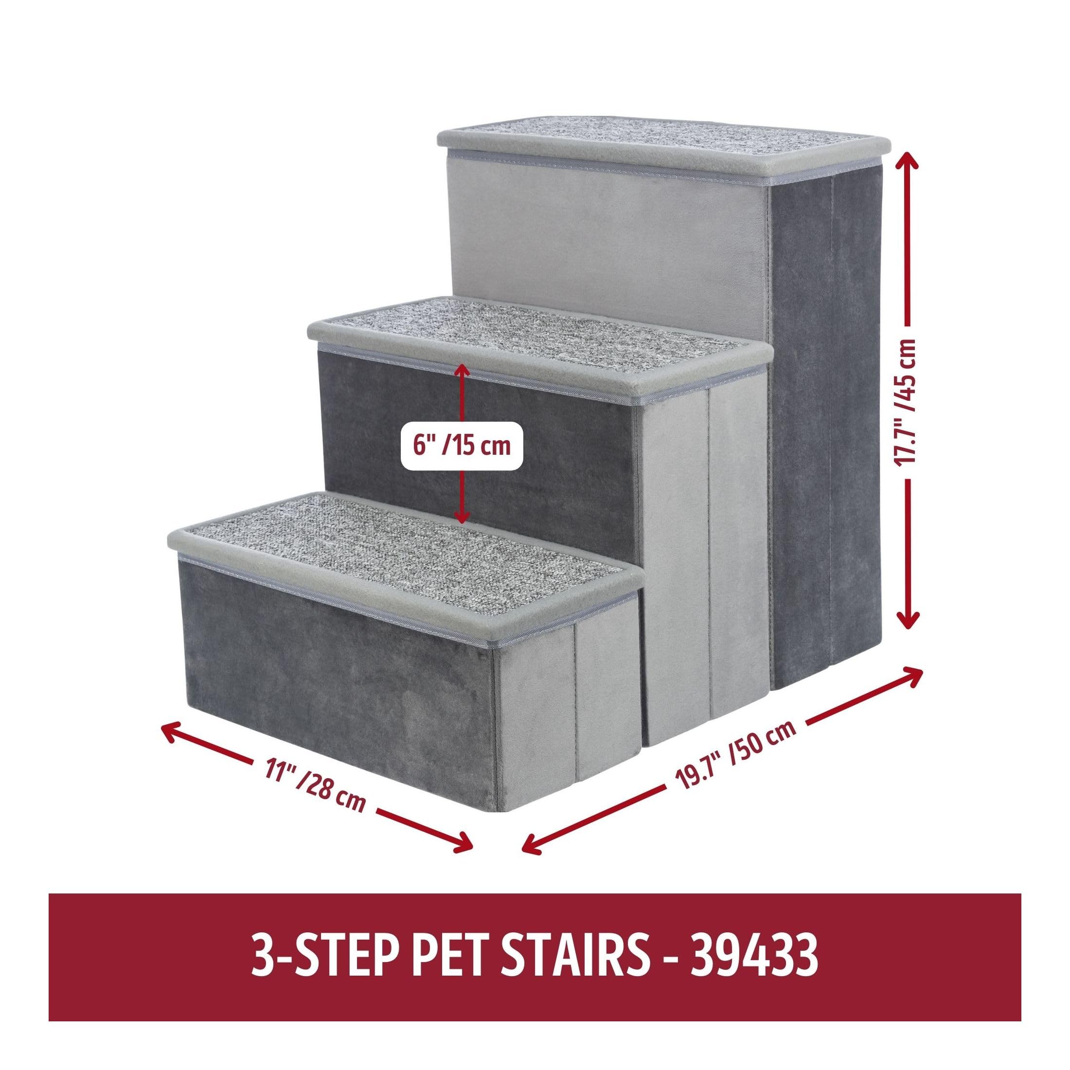 TRIXIE Velour 3-Step Pet Stairs with Storage, Collapsible, Storage Compartments for Pet Toys,Gray
