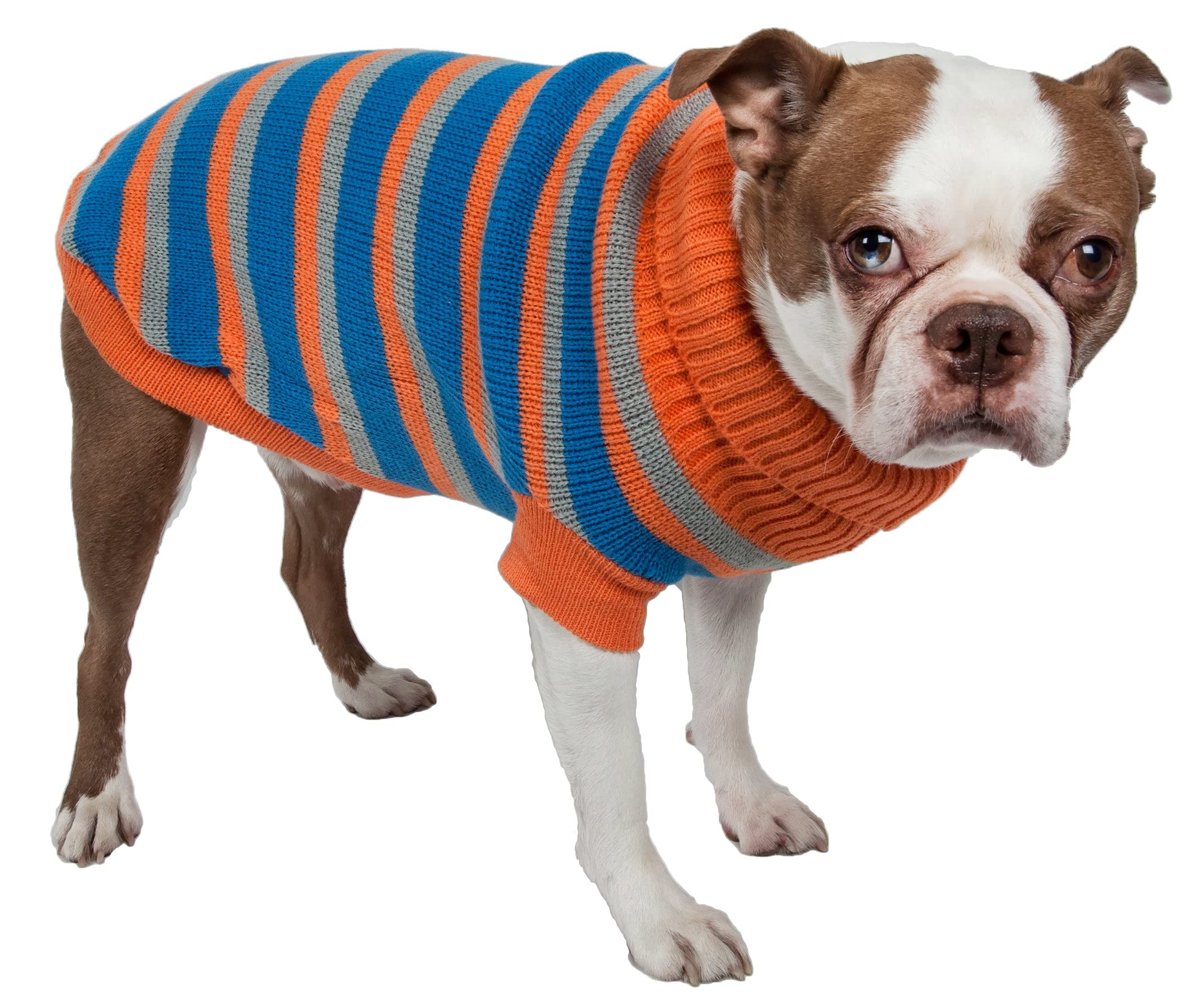 Pet Life  Striped Pet Sweater - Designer Heavy Cable Knitted Dog Sweater with Turtle Neck - Winter Dog Clothes Designed to Keep 