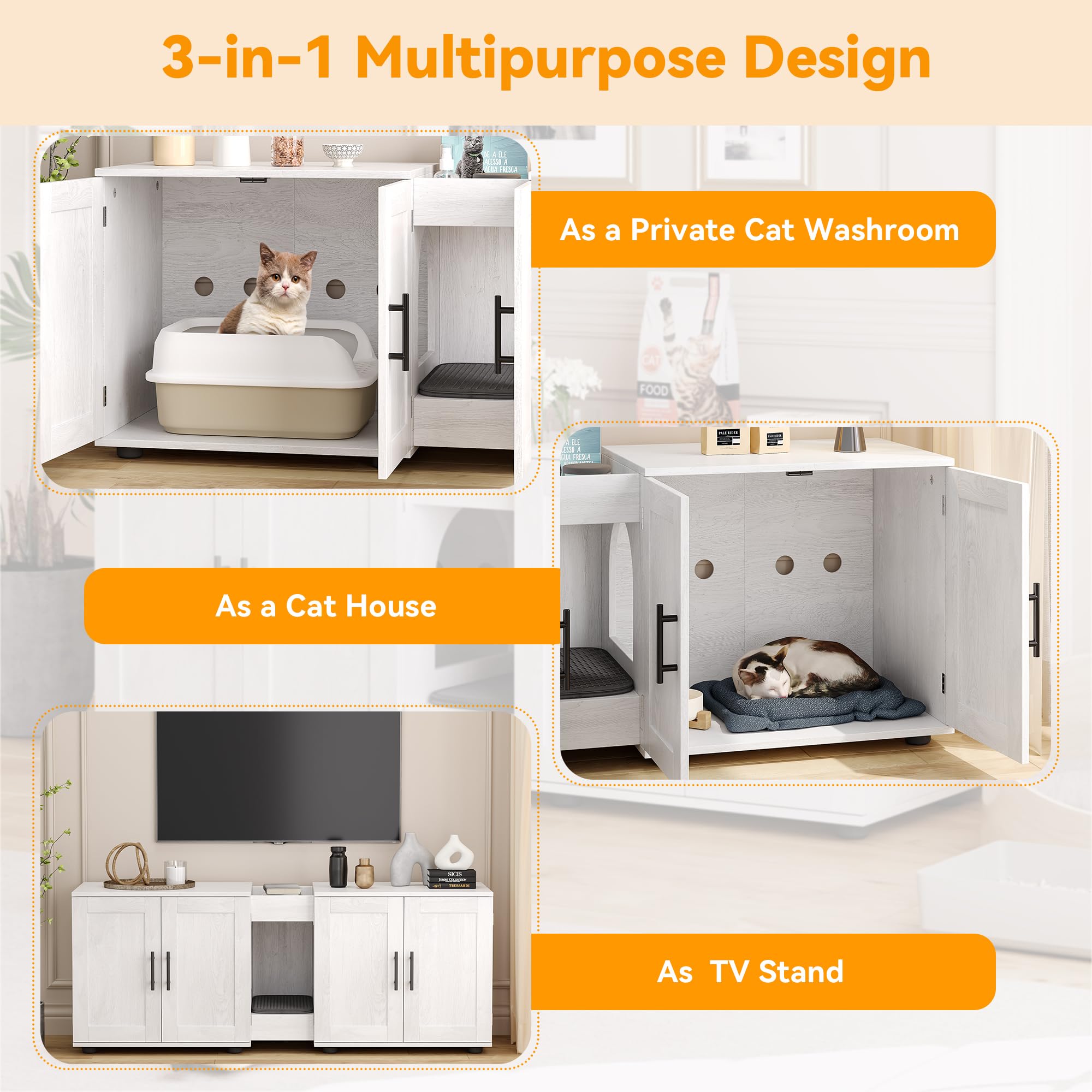 Gaomon Litter Box Enclosure With Double Cage, Cat House,Hidden Litter Box Enclosure Furniture For 2 Cats, Wooden Enclosed Cat Li