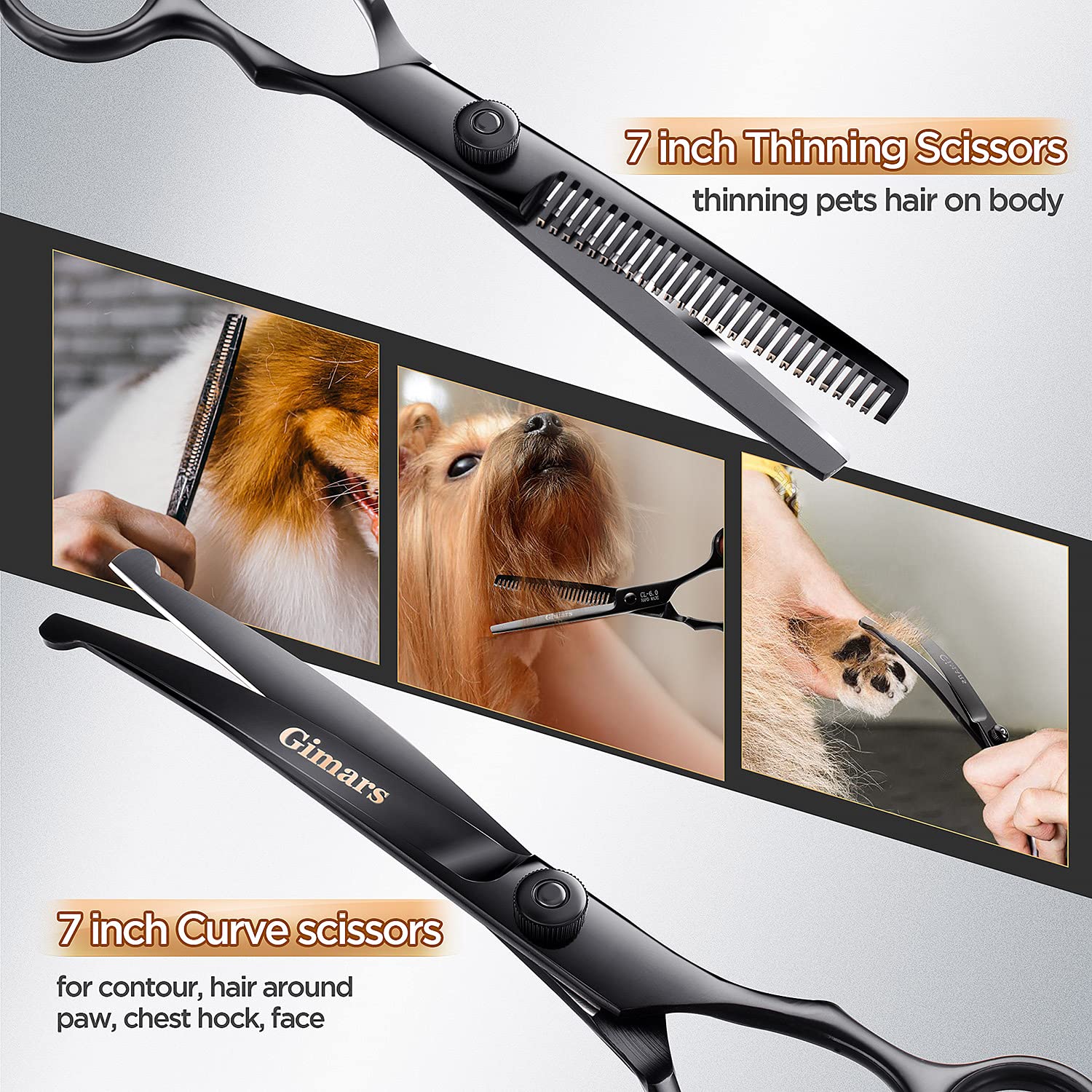 Gimars 6 in 1 Professional Grooming Scissors for Dogs, Cats - Stainless Steel, Heavy Duty, Safety Round Tip, Black