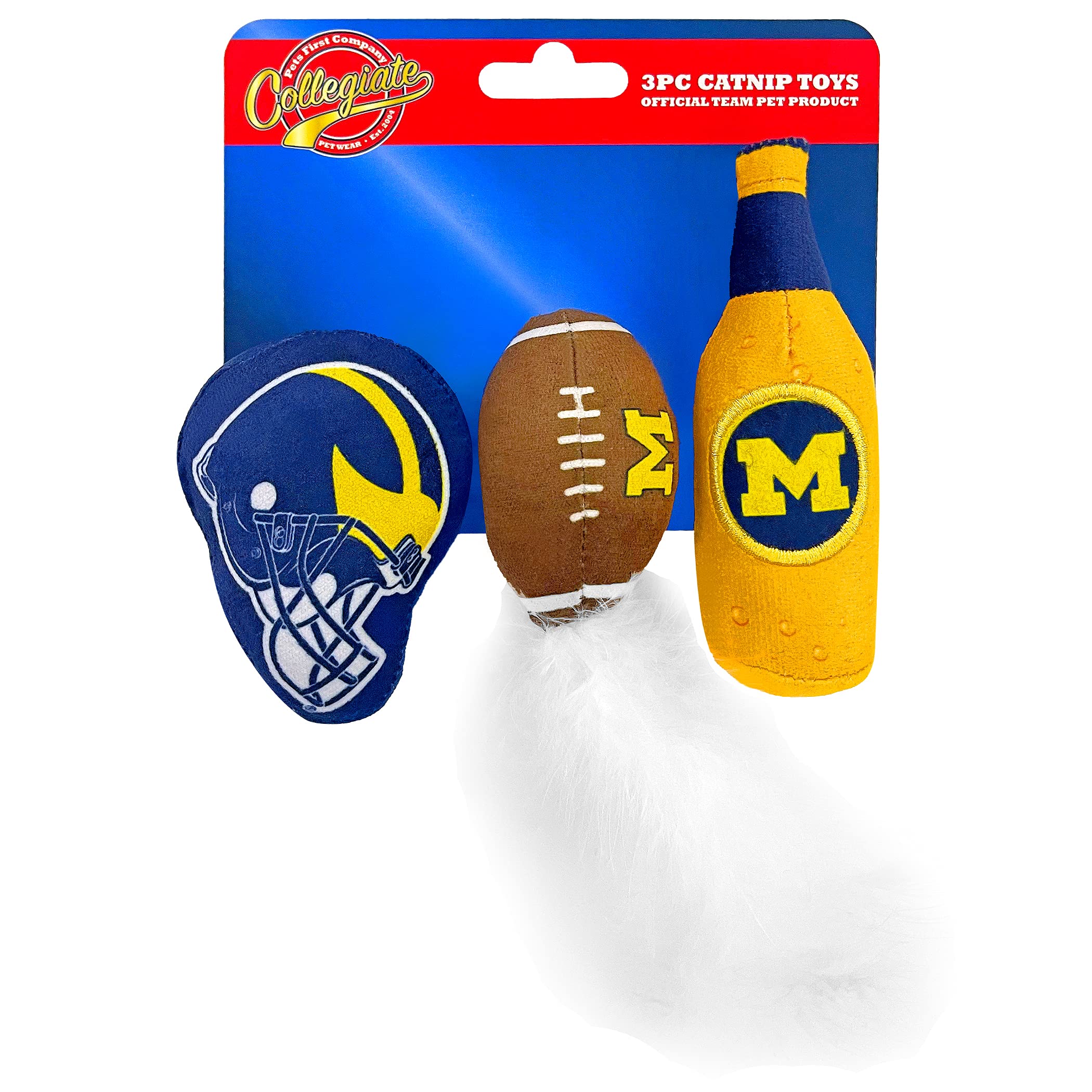 Best Plush Cat Toy Ncaa Michigan Wolverines Complete Set Of 3 Piece Cat Toys Filled With Fresh Catnip. Includes: 1 Helmet Cat Toy, 1 Football Cat Toy With Feathers & 1 Beer Bottle. Beautiful Team Logo