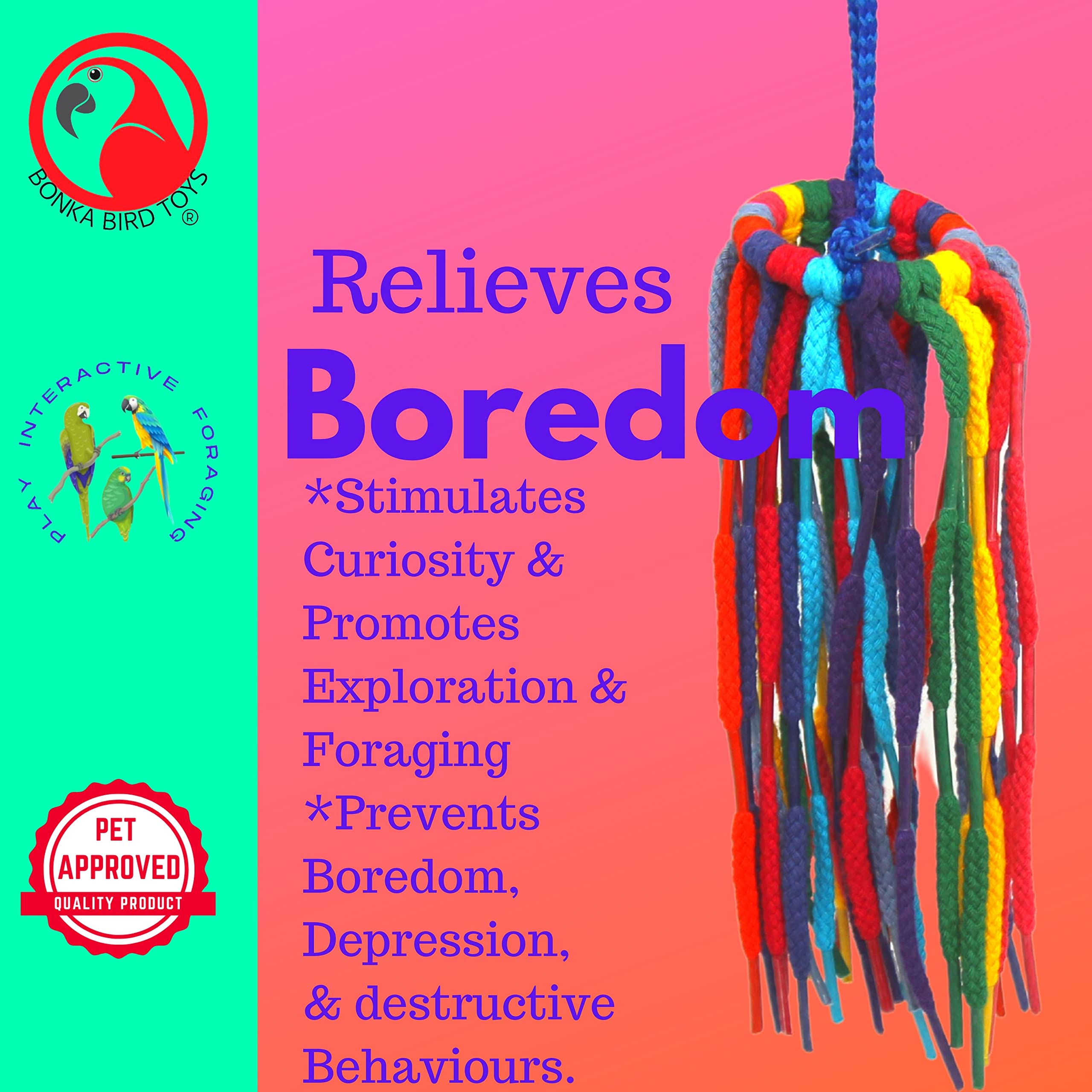 Bonka Bird Toys 51214 Small Aglet Heaven, 11' Hanging Bird Toy, Soft Colorful Cotton Shoelace Ring With Plastic Aglets, Lightweight And Easy To Play With, Safe For Parrots, Parakeets, Cockatiels