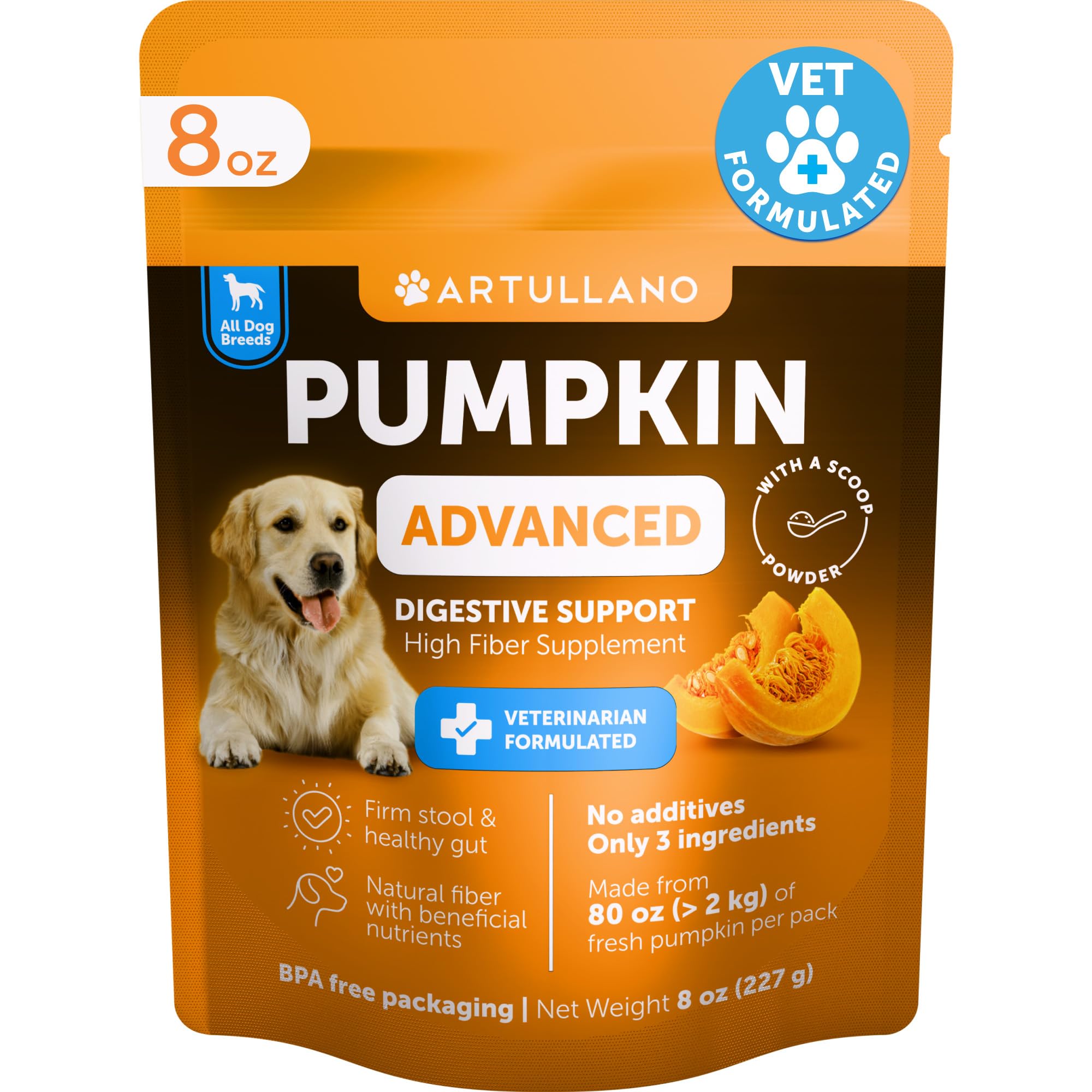 Pumpkin Powder for Dogs Digestive Support - 8 OZ - Fiber Supplement for Constipation - For Gut Balance, Healthy Skin, Digestion,