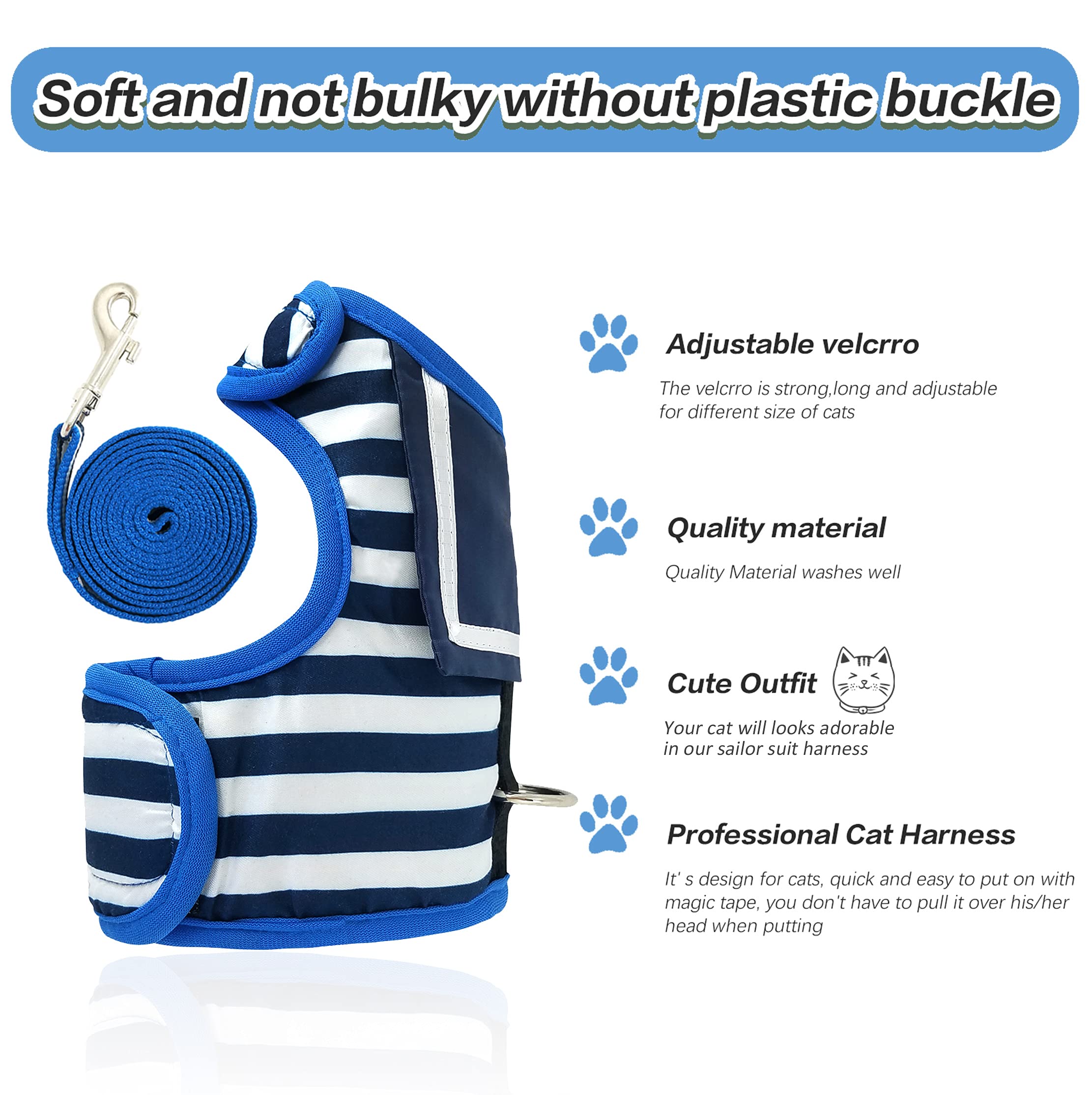 Yizhi Miaow Cat Harness And Leash For Walking Escape Proof, Adjustable Cat Vest Harness, Padded Stylish Cat Walking Jackets, Sailor Suit Navy, Large