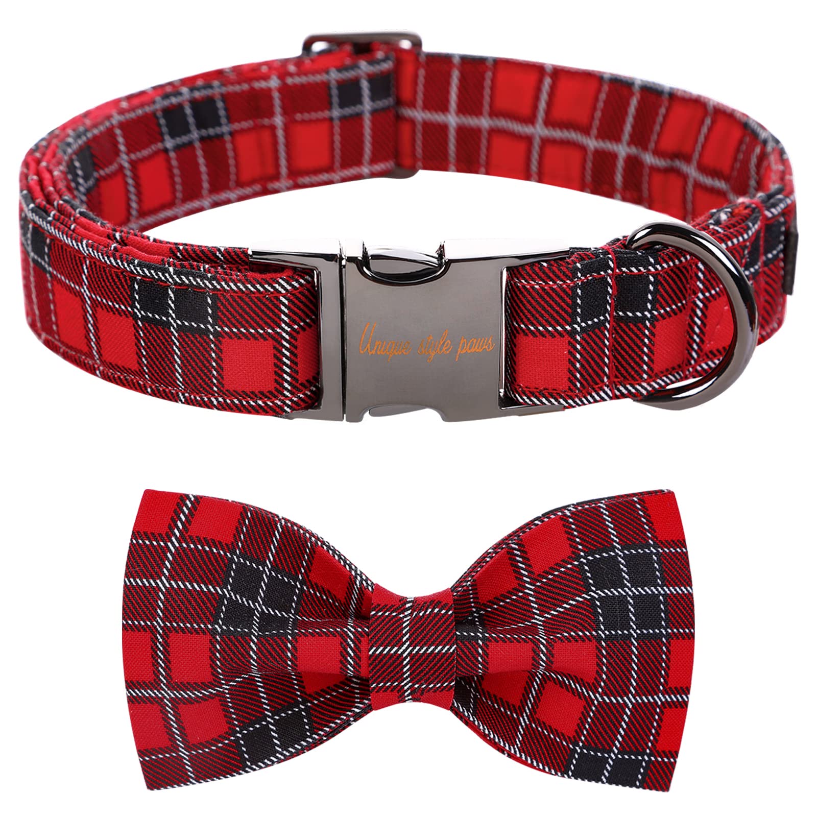 Unique Style Paws Christmas Dog Collar With Bow Tie Red Black Grid Cotton Collar Adjustable Puppy Plaid Collar For Small Medium Large Dogs