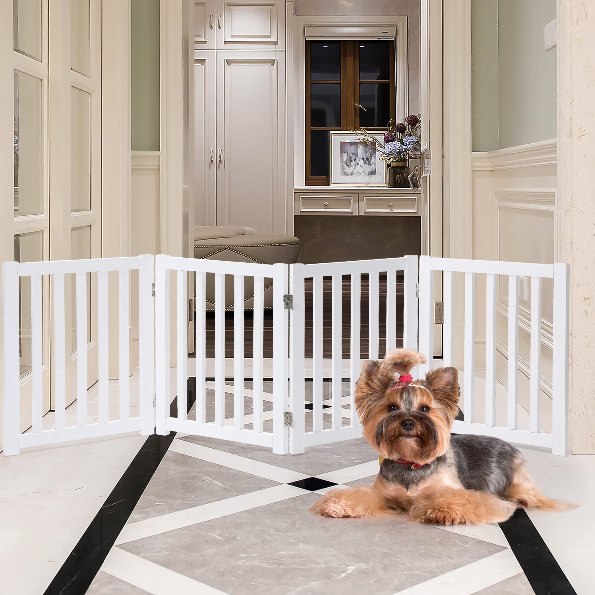 Lzrs Solid Hardwood Freestanding Pet Gate,Wooden Dog Gates For Doorways,Nature Wood Dog Gates For The House,Dog Gate For Stairs,Freestanding Indoor Gate Safety Fence,White,24' Height-4 Panels